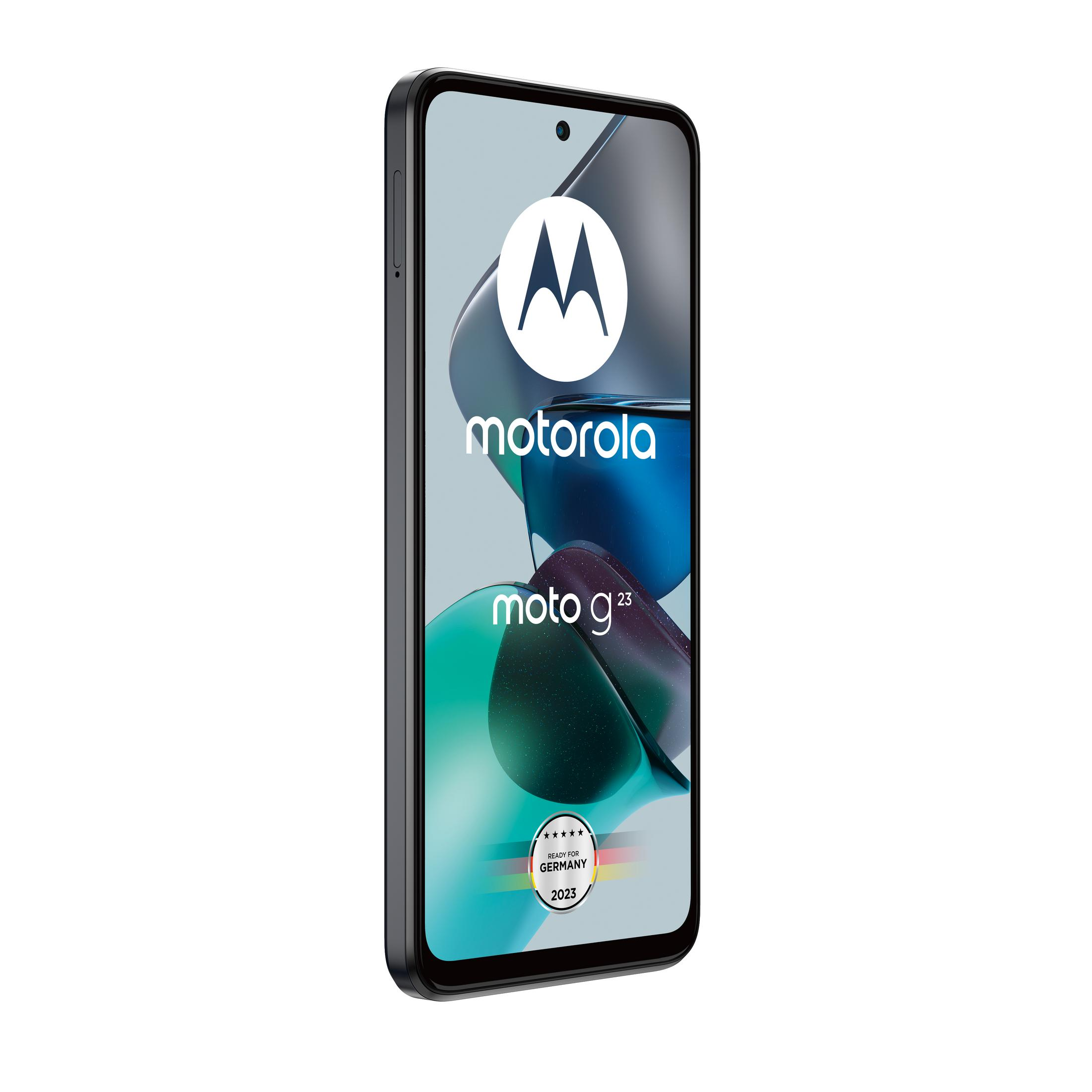 Telefon Motorola moto g23, czarna ramka, ekran wyświetla logo i tekst.