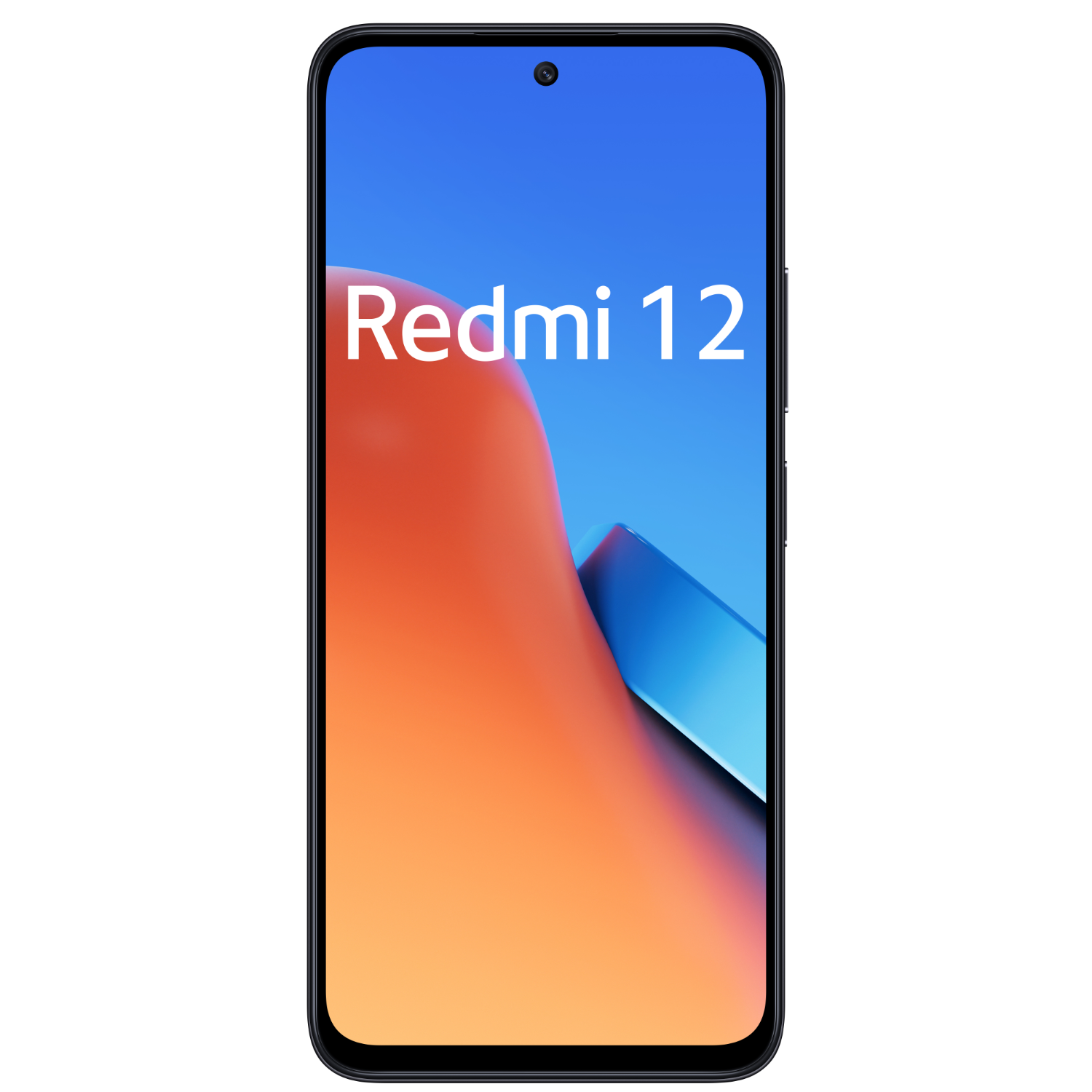 Een zwarte smartphone met de woorden Redmi 12 op het scherm, tegen een zwarte achtergrond.