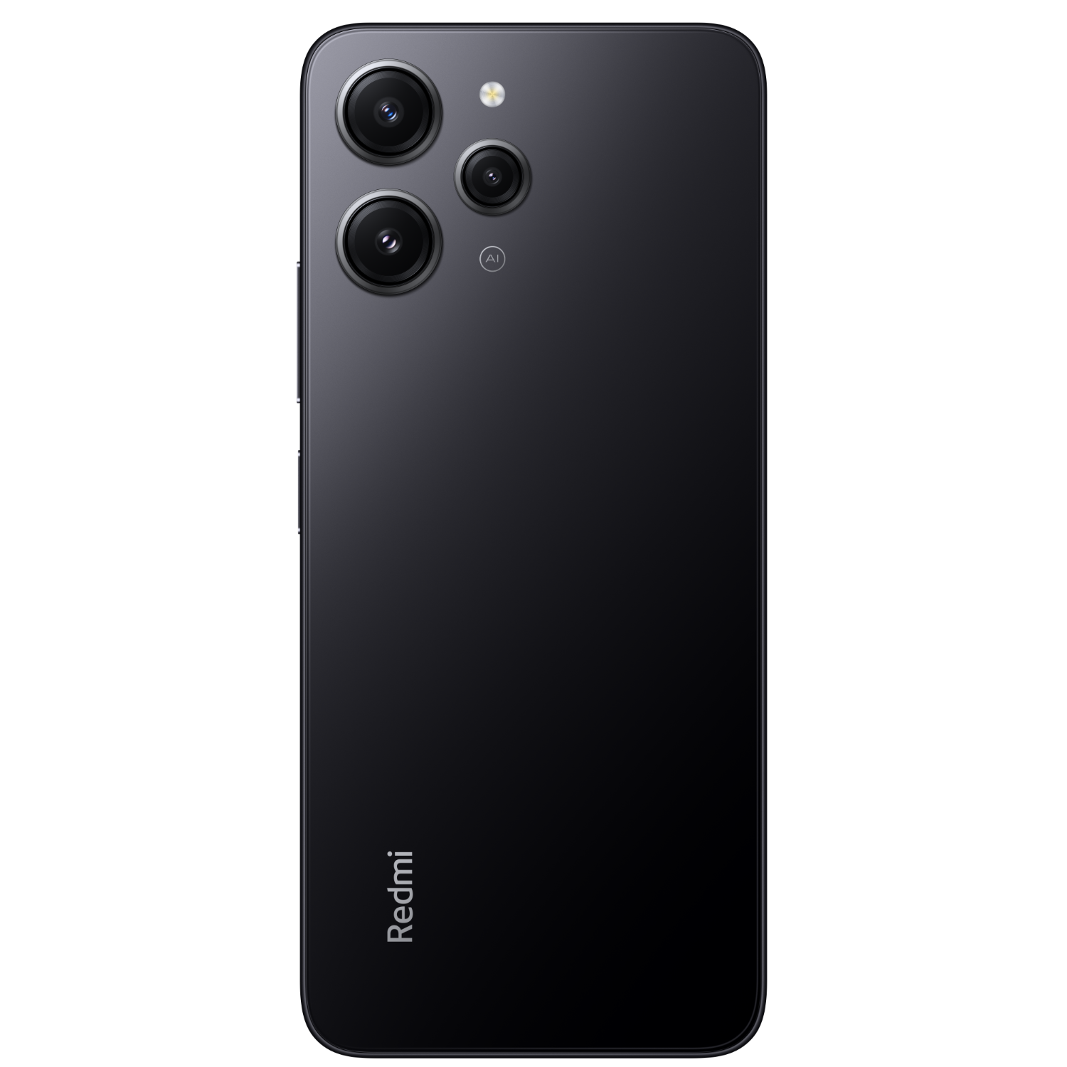 De achterkant van een zwarte Redmi-telefoon wordt getoond. Hij heeft drie camera's en het Redmi-logo onderaan.