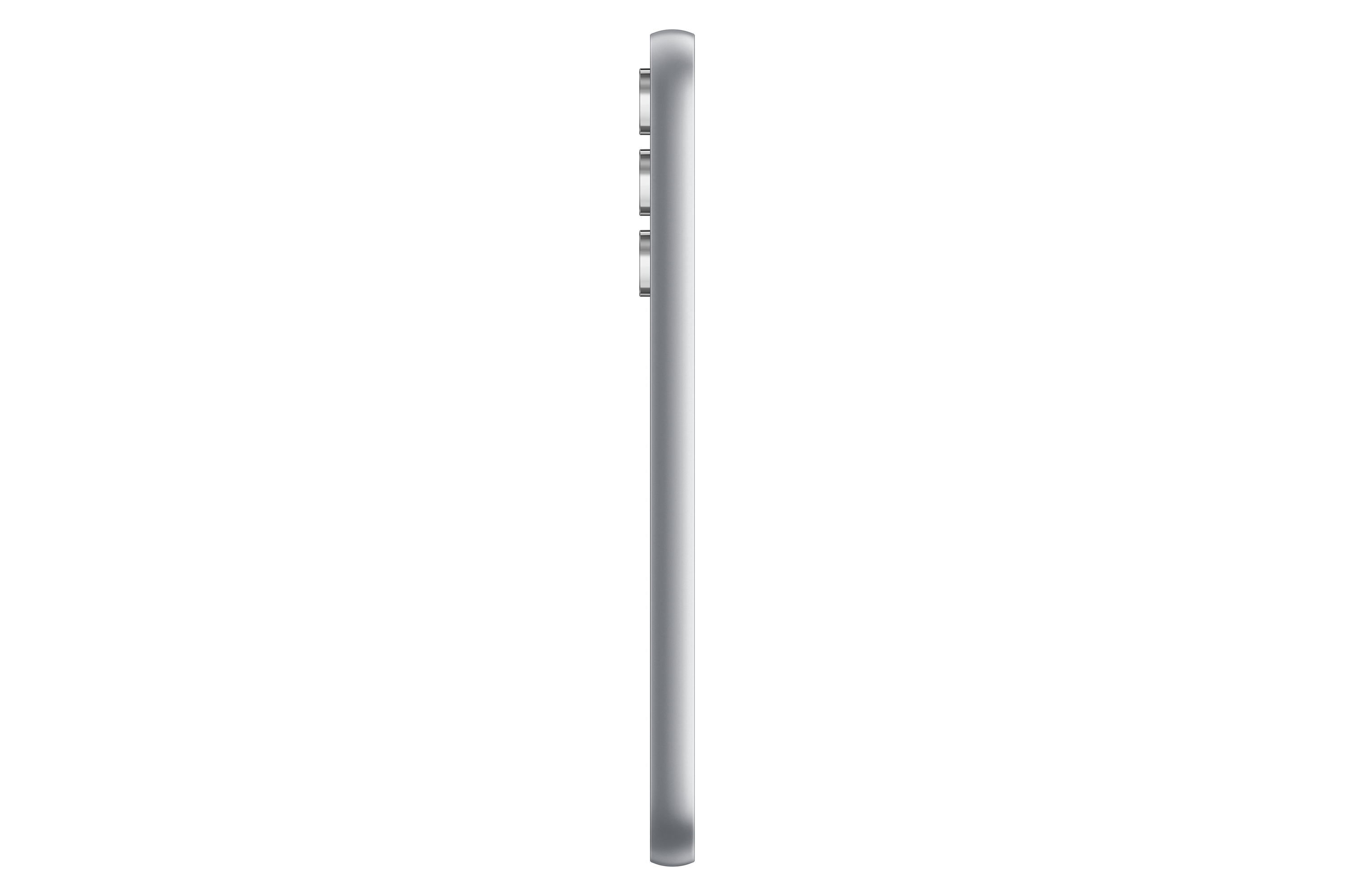 Srebrny smartfon, widziany z boku, na czarnym tle. Telefon jest smukły i elegancki.