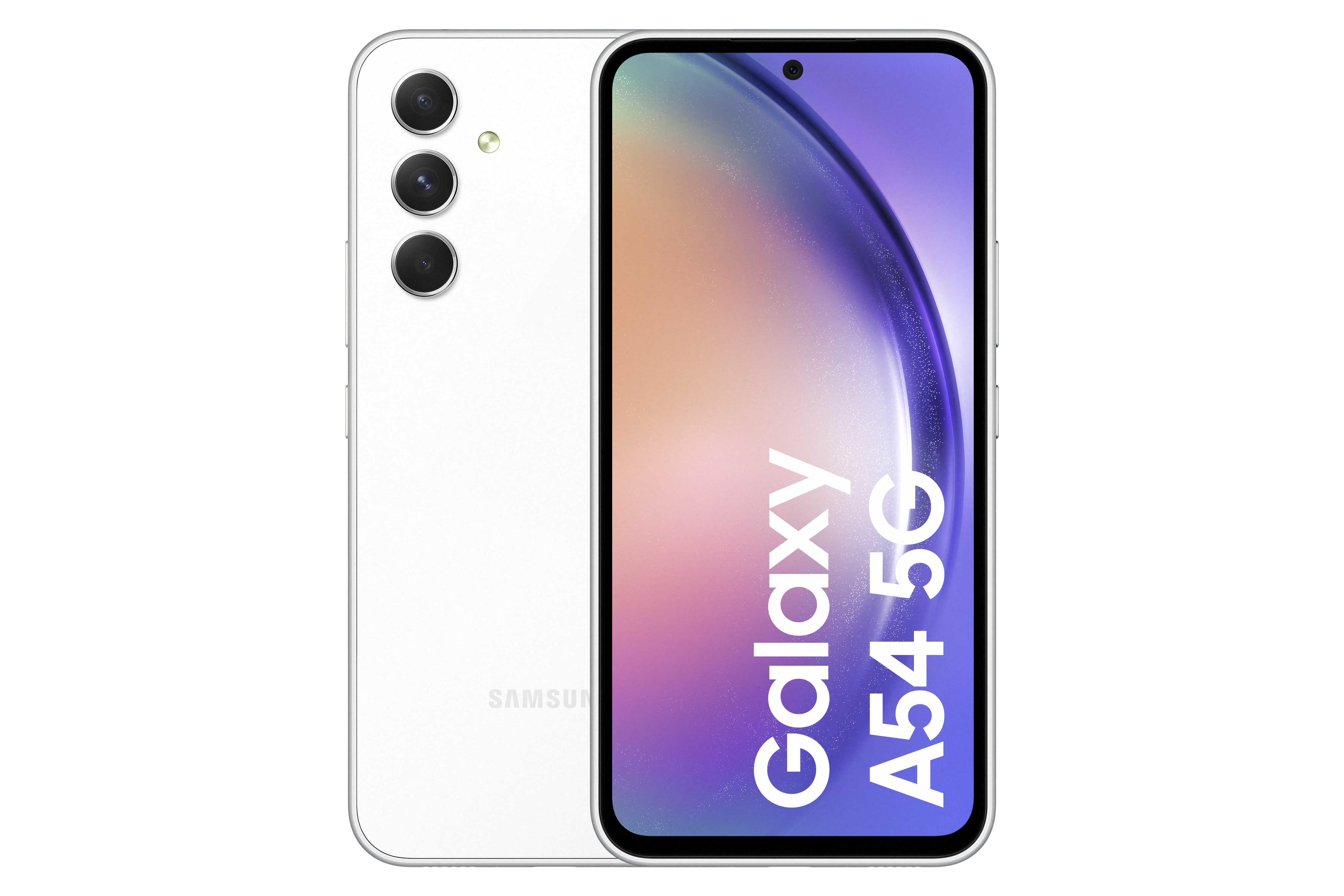 Biały telefon Samsung Galaxy A54 5G, widok z przodu i z tyłu, na czarnym tle.