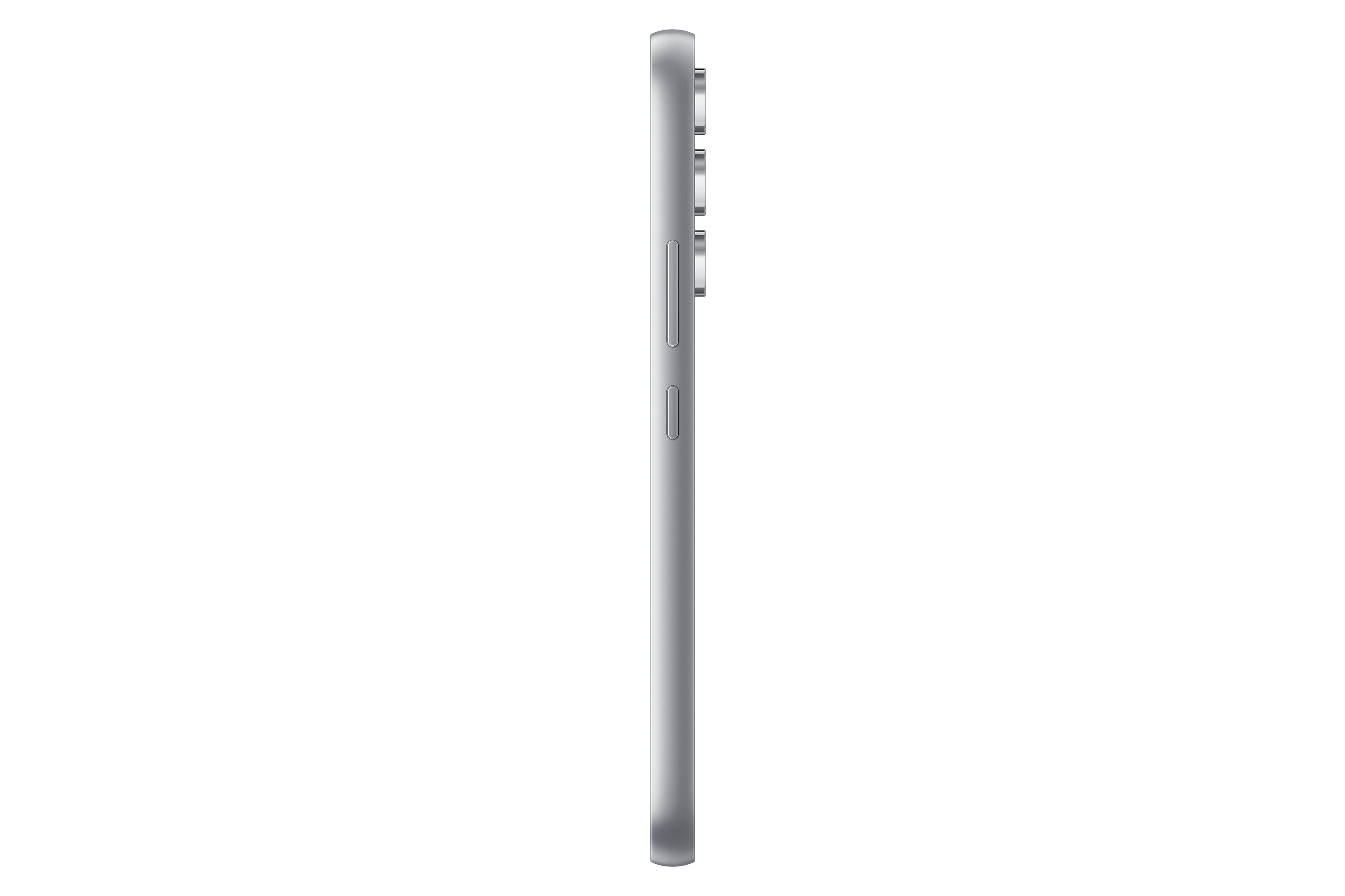 Srebrny telefon w profilu. Czarne obiektywy aparatu. Czarne tło.