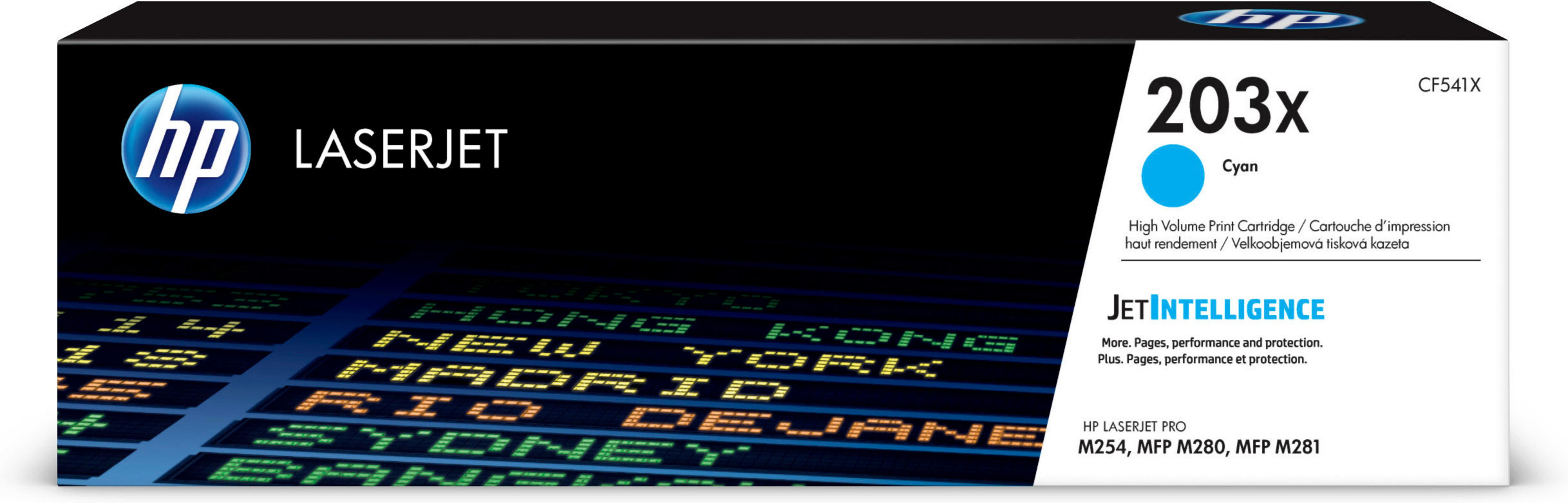 Wkład z tonerem HP LaserJet 203x Cyan w pudełku. Pudełko zawiera informacje o produkcie i marce.