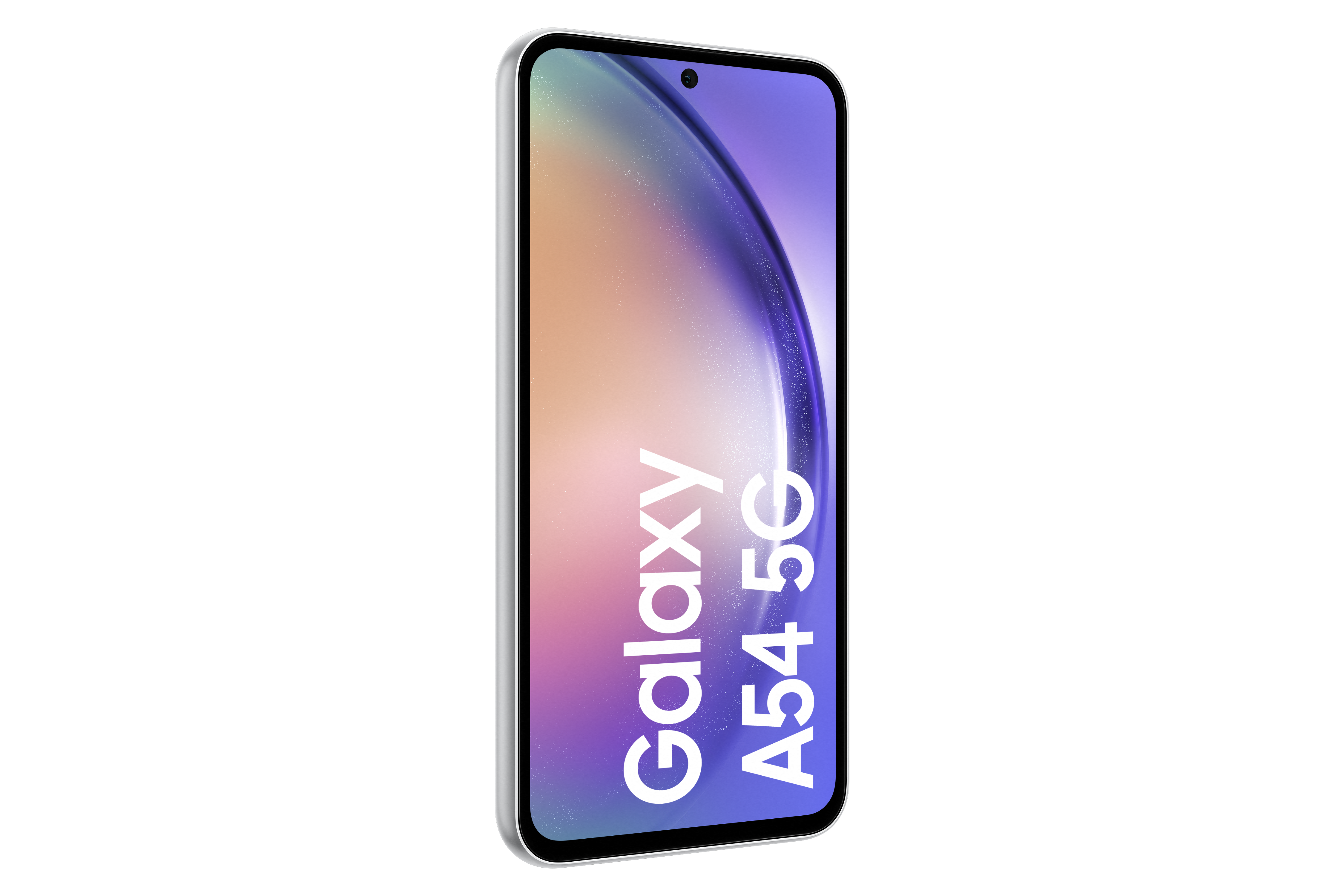 Smartfon z białą ramką i ekranem wyświetlającym tekst 'Galaxy A54 5G' na niebieskim gradiencie.
