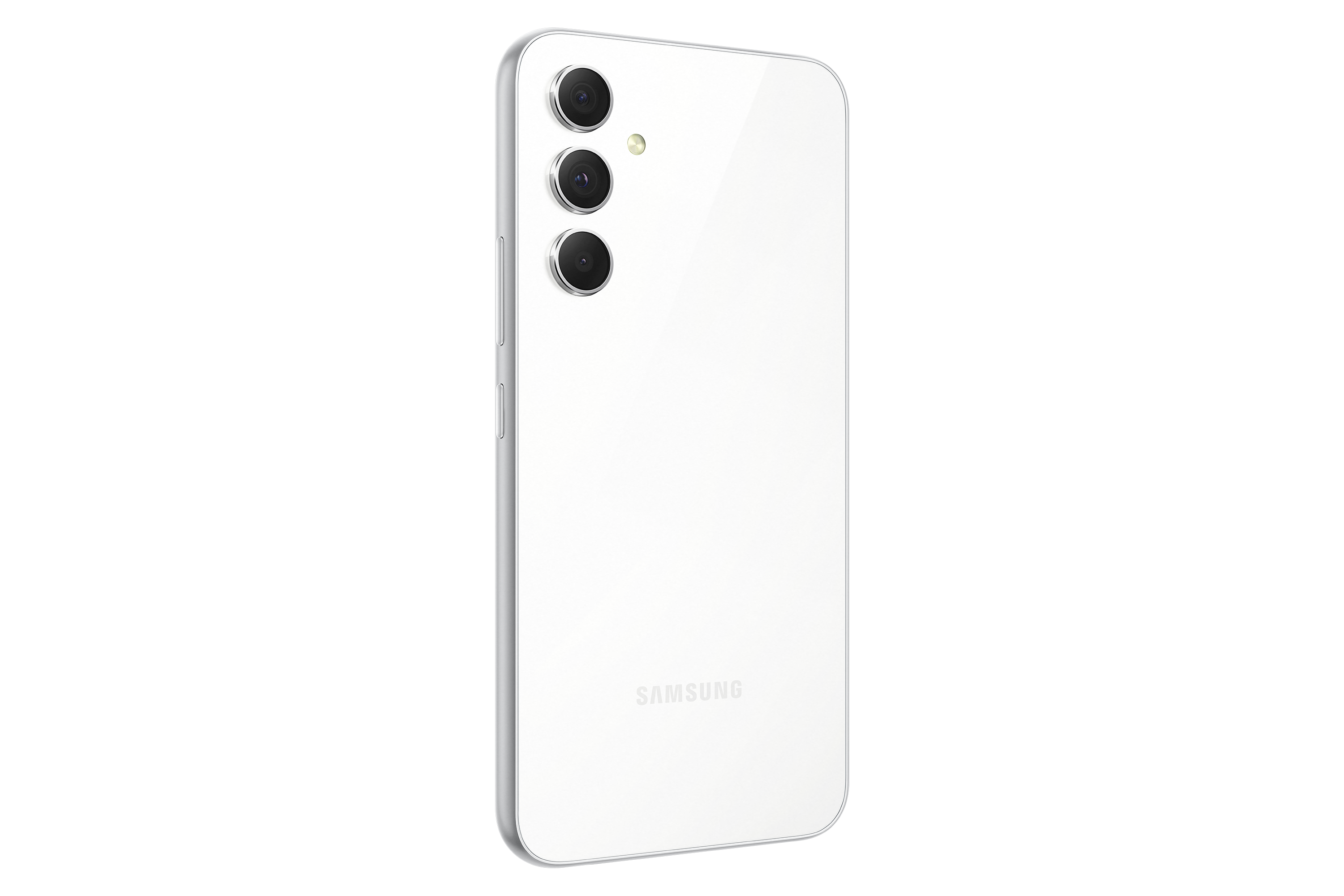 Biały smartfon z trzema tylnymi aparatami, widoczne logo Samsung. Czarne tło.