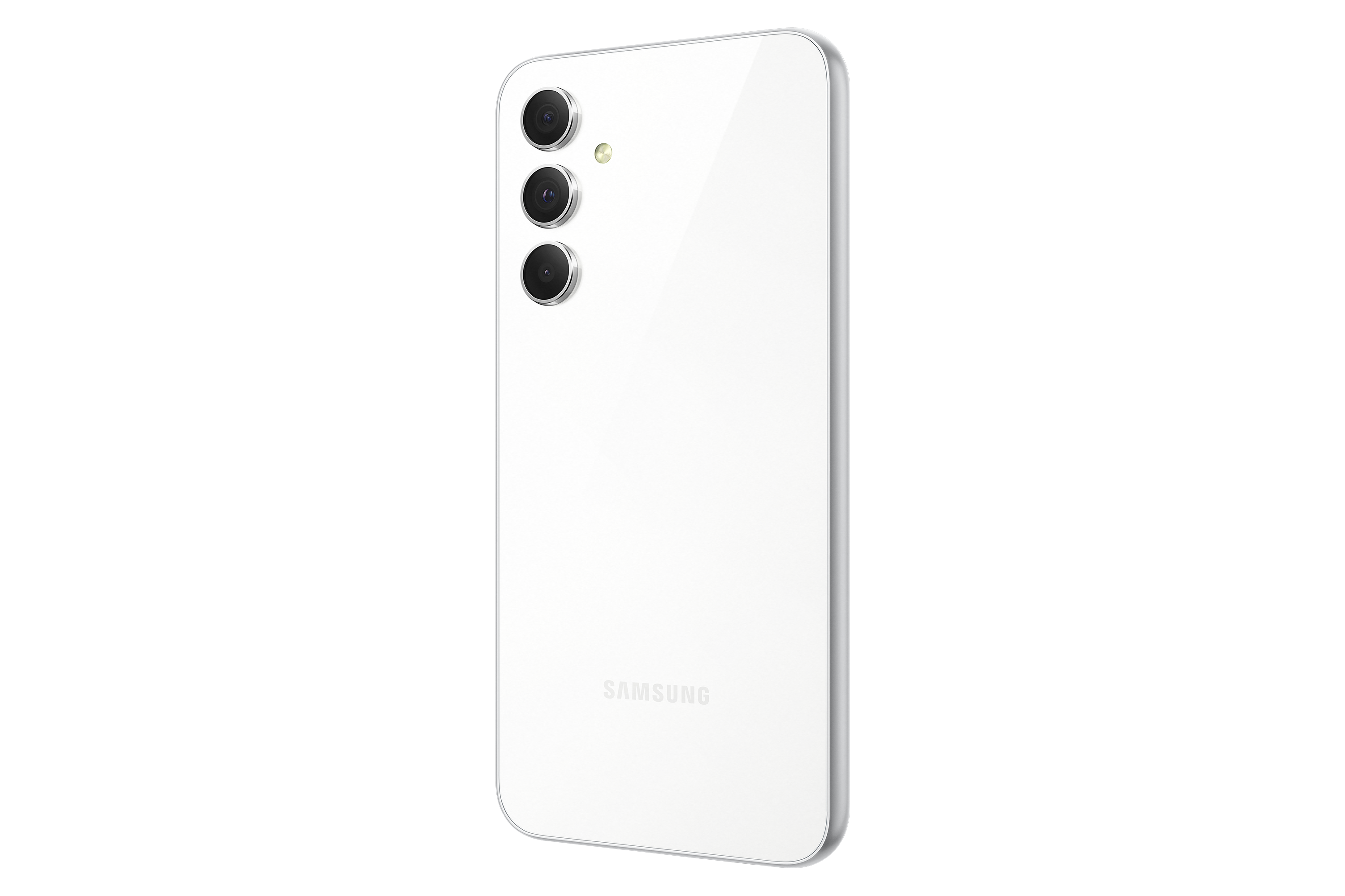 Tył białego smartfona z trzema aparatami i logo Samsung na czarnym tle.