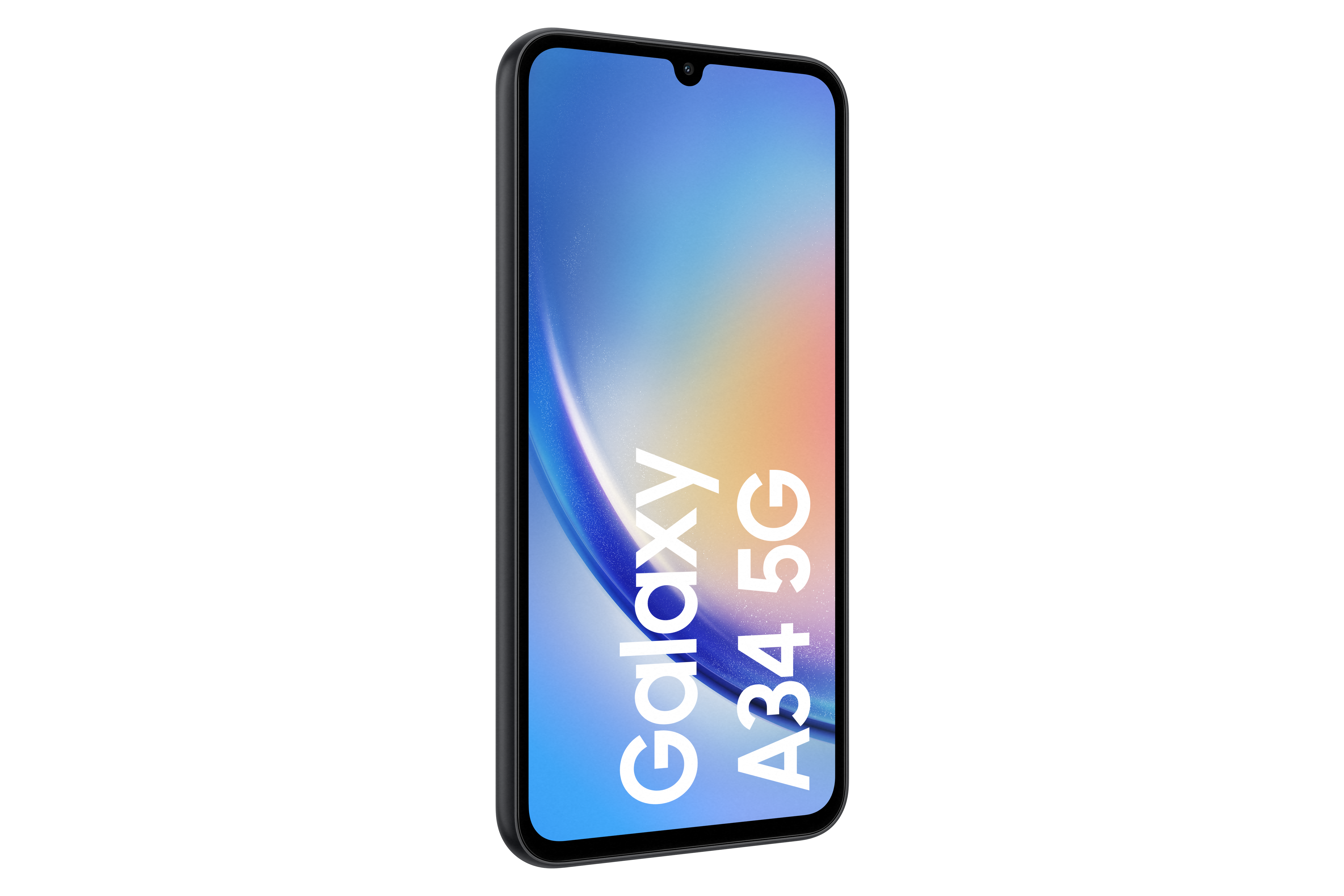 Smartfon Samsung Galaxy A34 5G, wyświetlający swój ekran na czarnym tle.