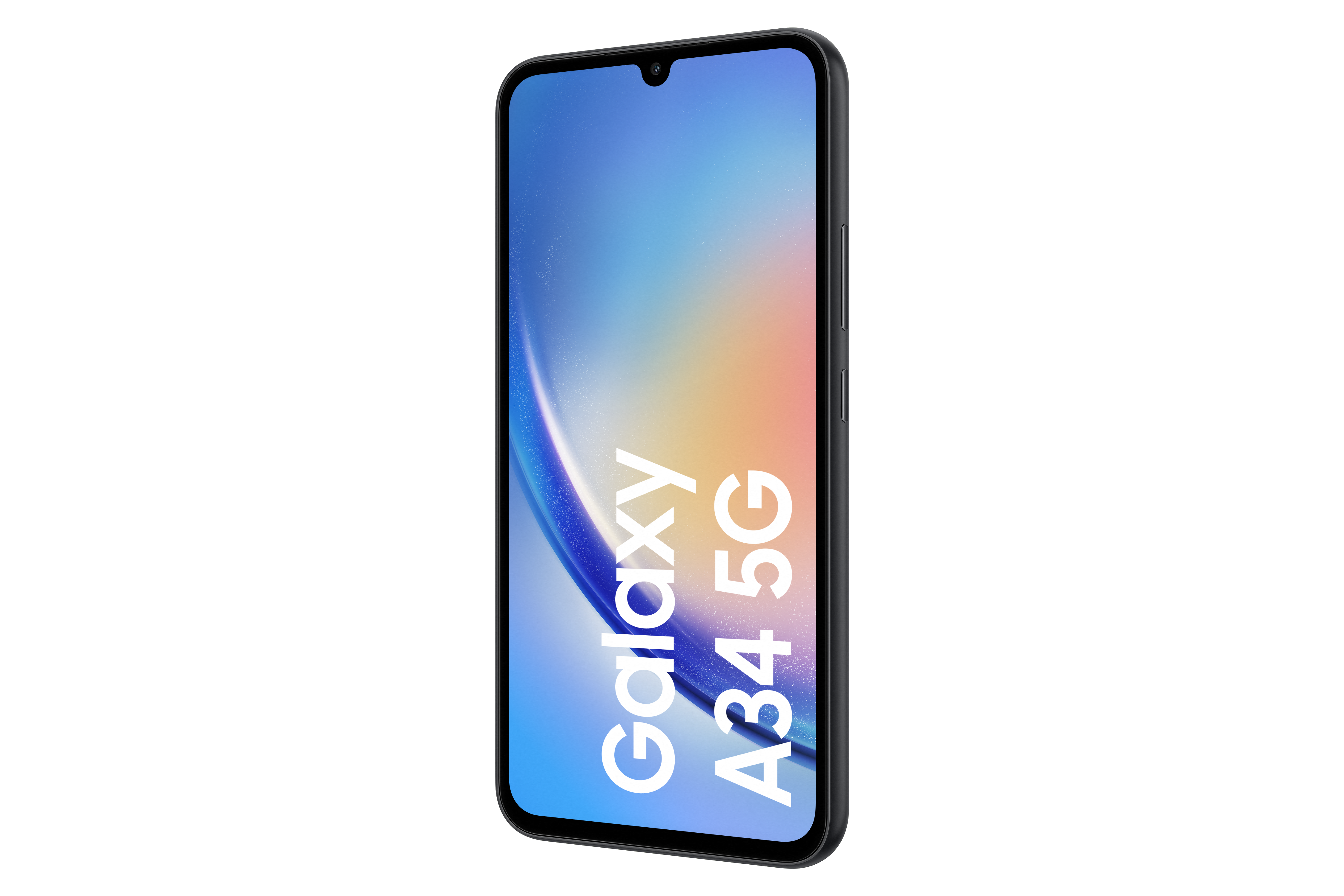 Czarny telefon Samsung Galaxy A34 5G z tekstem na ekranie.
