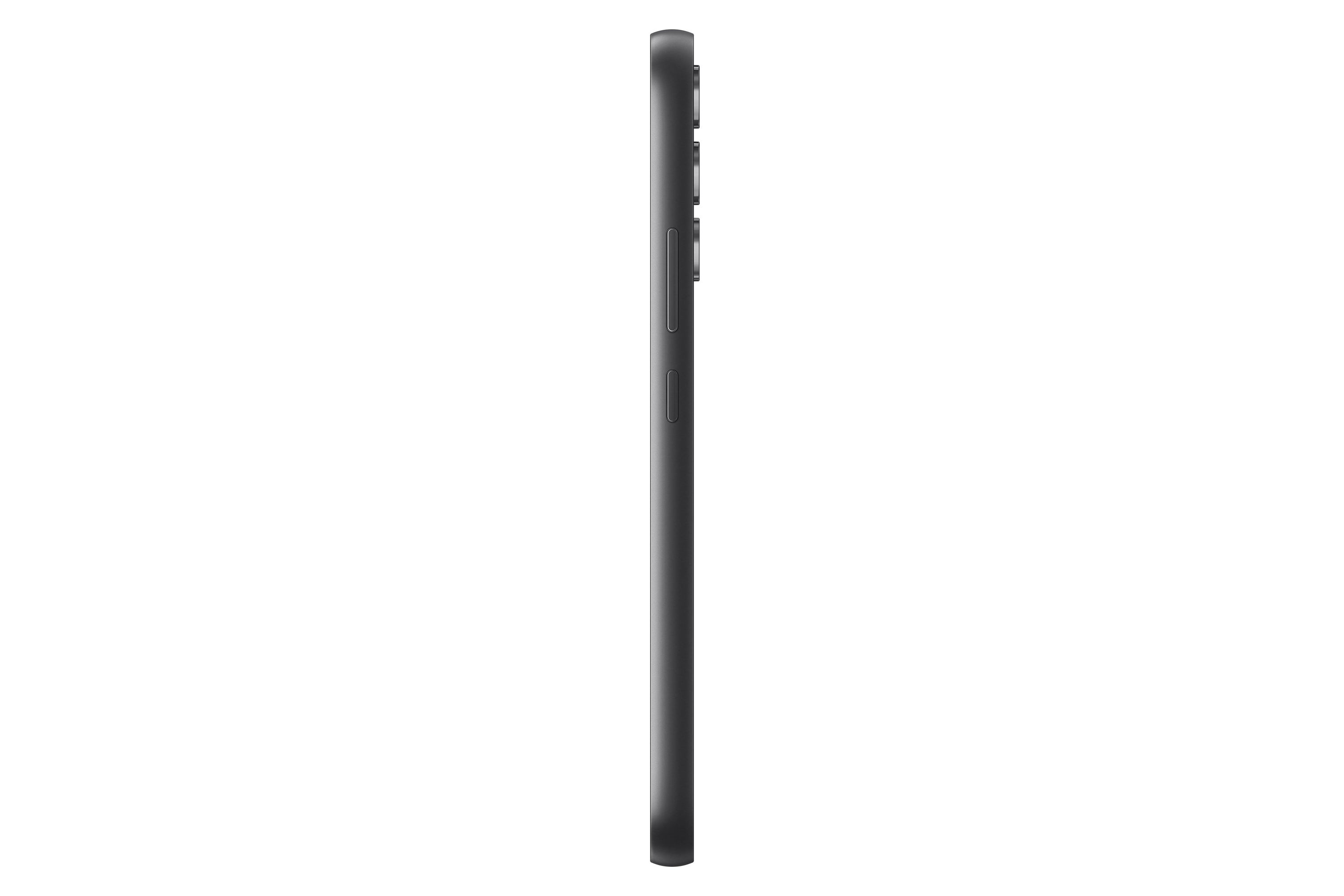 Widok z boku czarnego smartfona, pokazujący boczne przyciski i wypukłość aparatu.