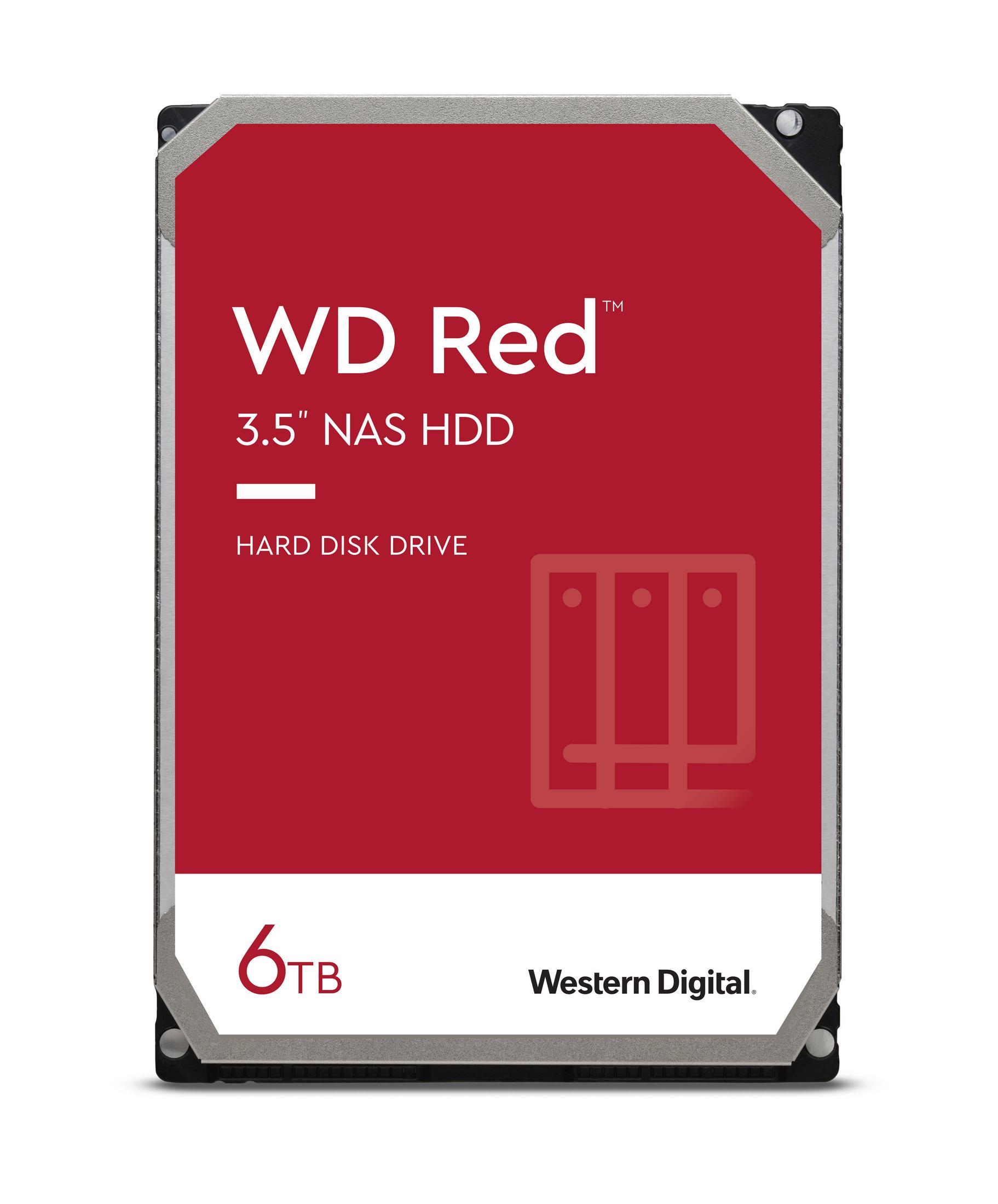 Disco rigido WD Red da 6 TB. Involucro rosso con testo bianco ed etichetta nera. Logo Western Digital.