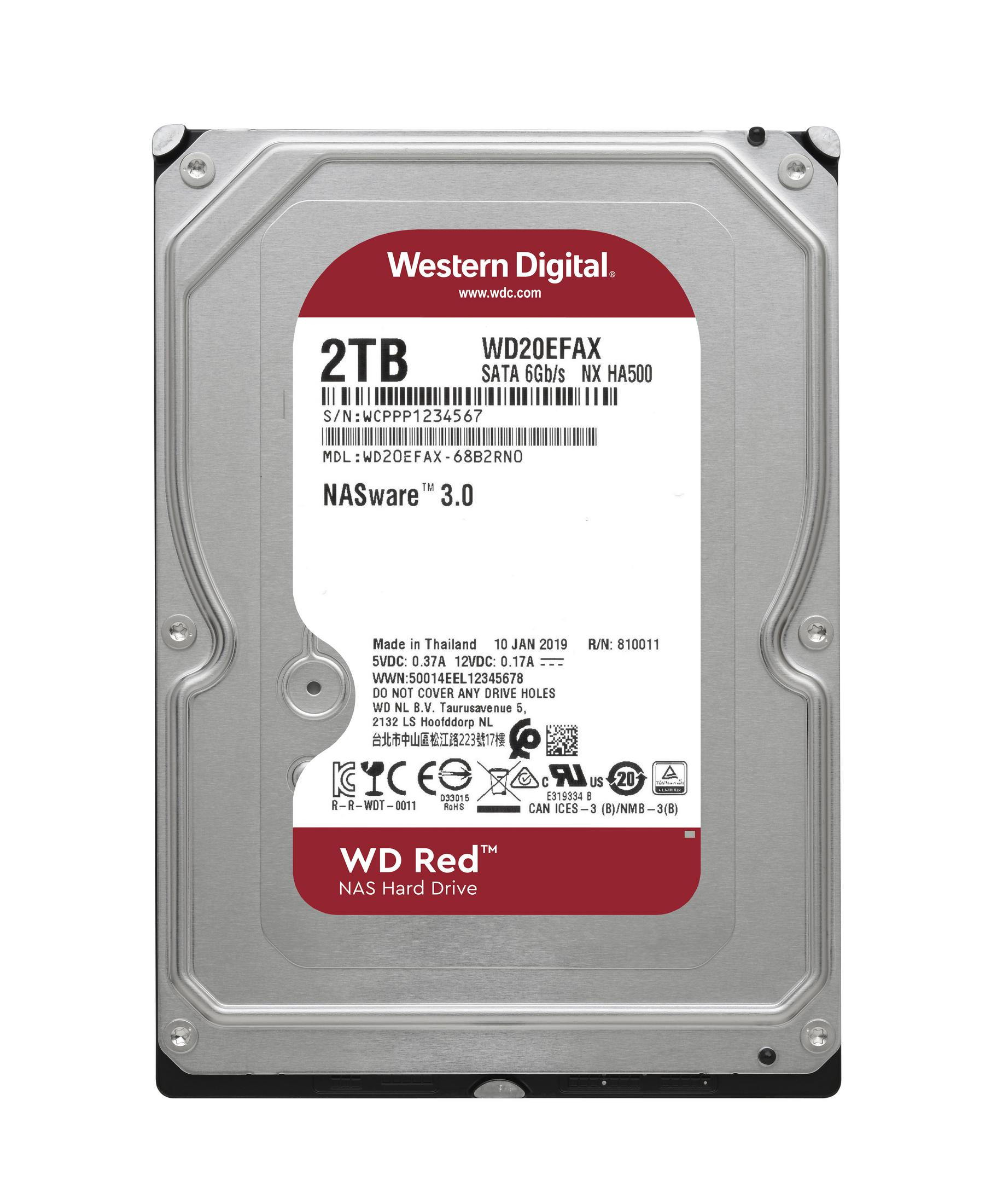 Eine Western Digital 2TB WD Red Festplatte, gekennzeichnet mit NASware 3.0.