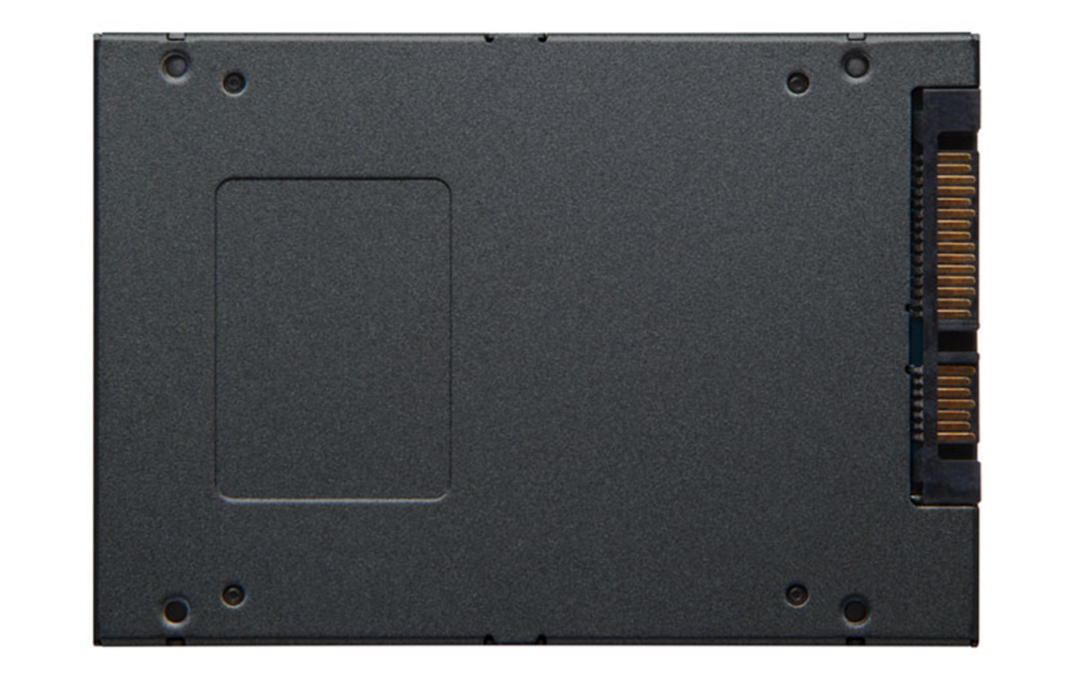 Eine schwarze Solid-State-Festplatte (SSD) mit rechteckiger Form, Anschlüssen und Befestigungslöchern.