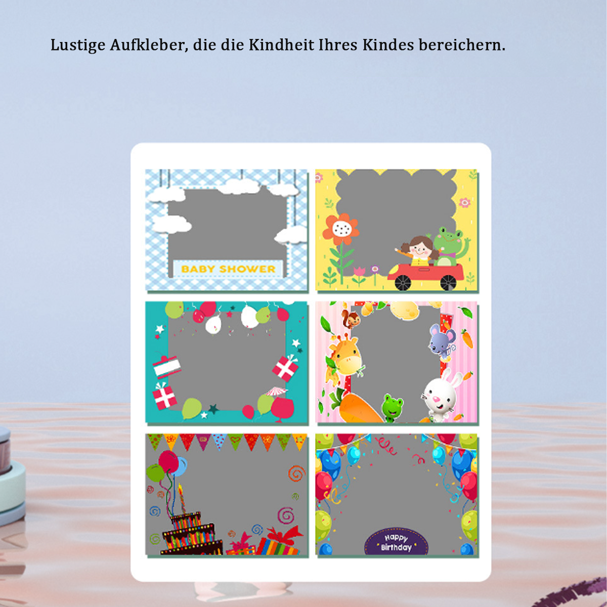 Babyparty- und Geburtstagsthemen-Fotorahmen in einem Rasterlayout. Bunt und dekorativ.