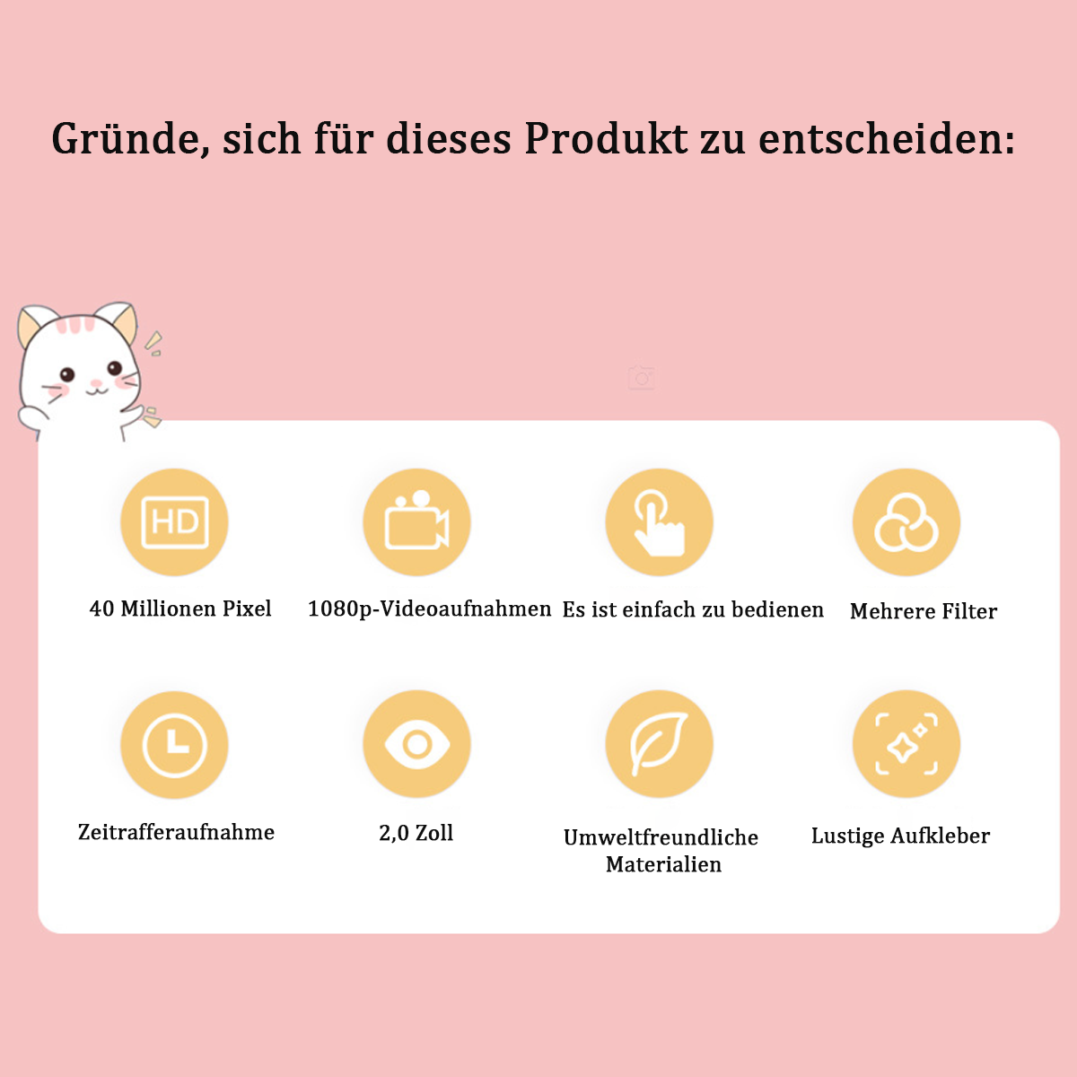 Ein rosa Hintergrund mit Symbolen und Text. Eine niedliche Cartoon-Katze ist oben links.