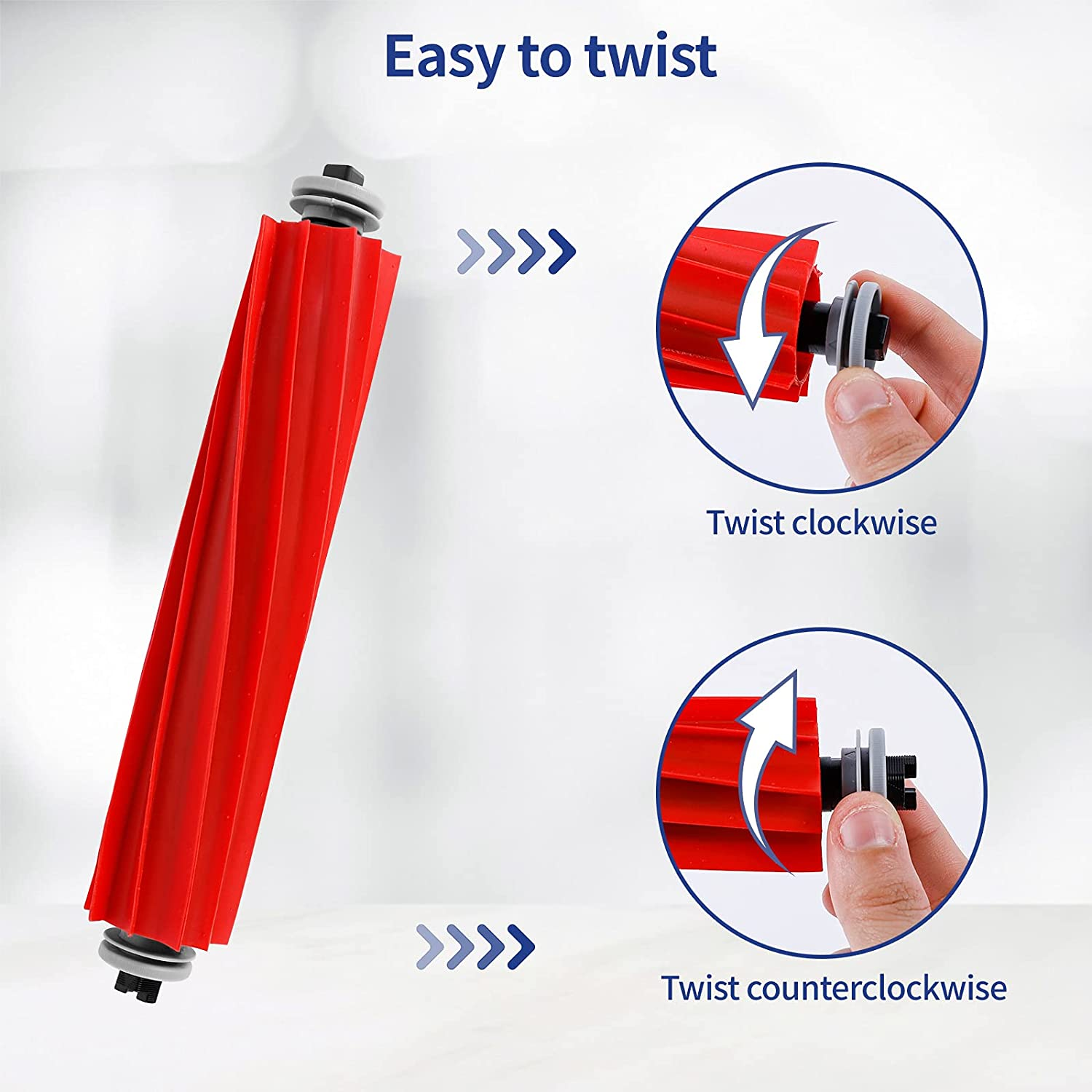 Czerwony wałek szczotkowy z instrukcjami obracania zgodnie z ruchem wskazówek zegara i przeciwnie.