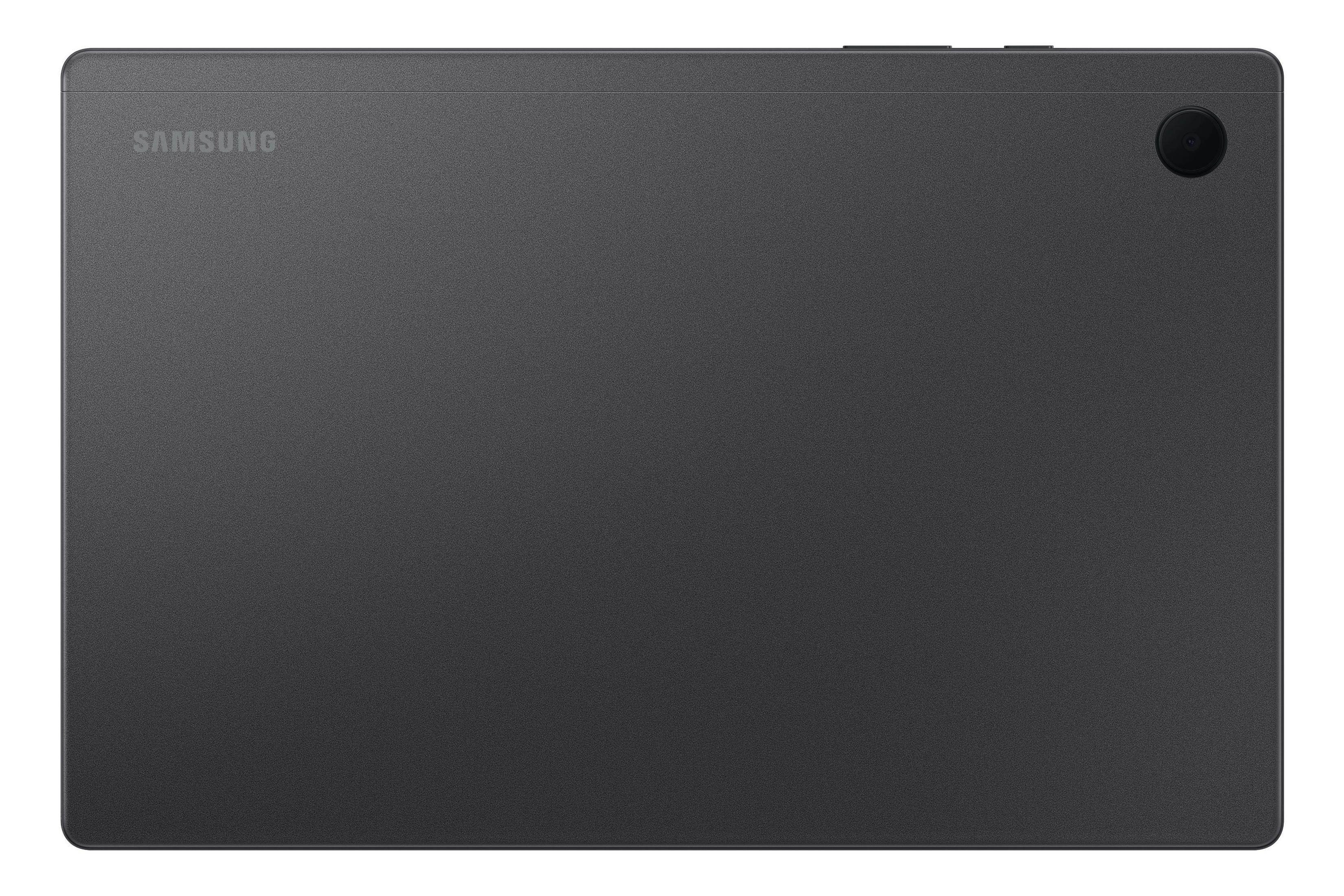 De achterkant van een donkergrijze tablet met een camera en het Samsung-logo.