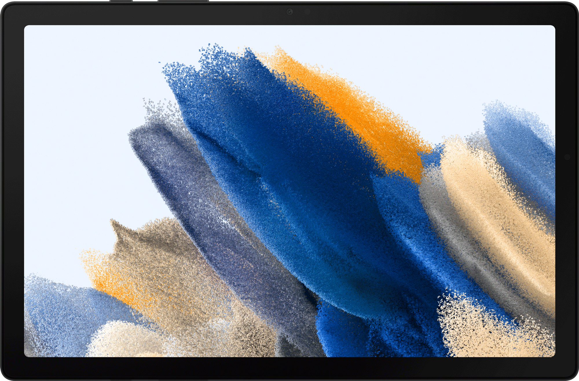 Tablet met een scherm dat abstracte kunst toont, tegen een witte achtergrond.