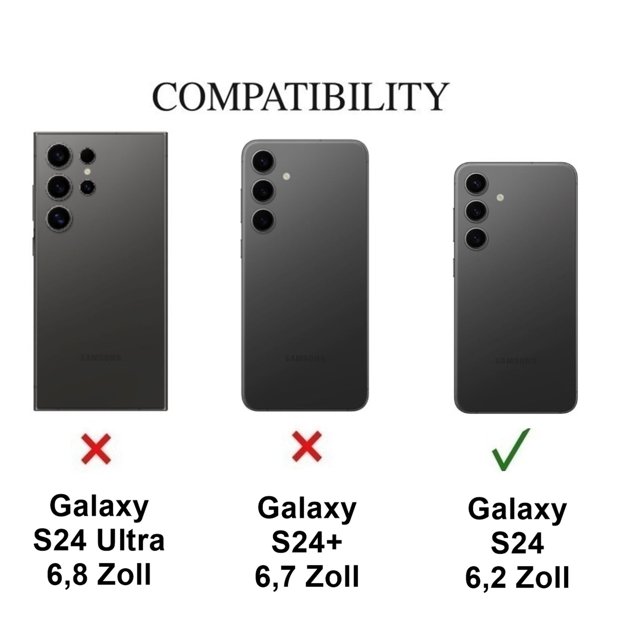 Vergleich von Samsung-Handys. Galaxy S24, S24+ nicht kompatibel. Galaxy S24 kompatibel.