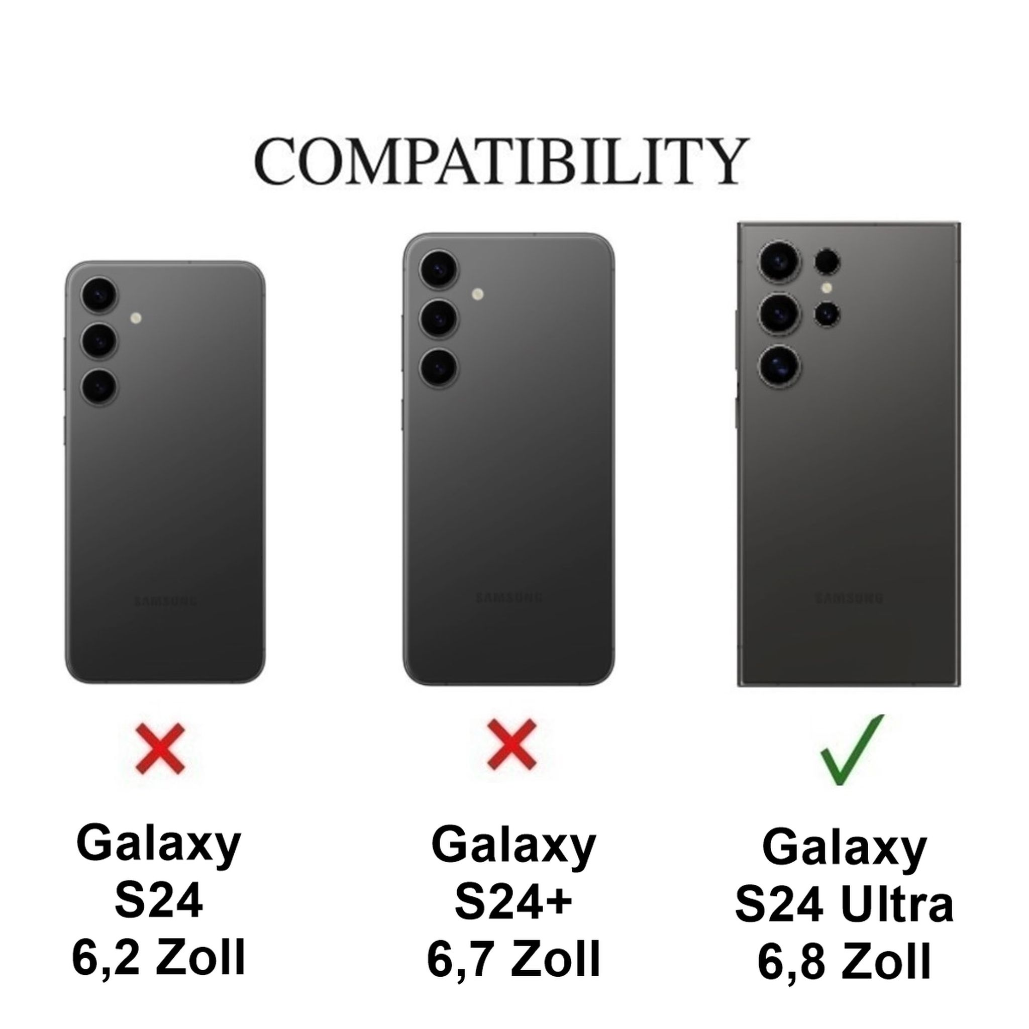 Vergleich der Samsung Galaxy S24-Serie. Galaxy S24 Ultra kompatibel, andere nicht.