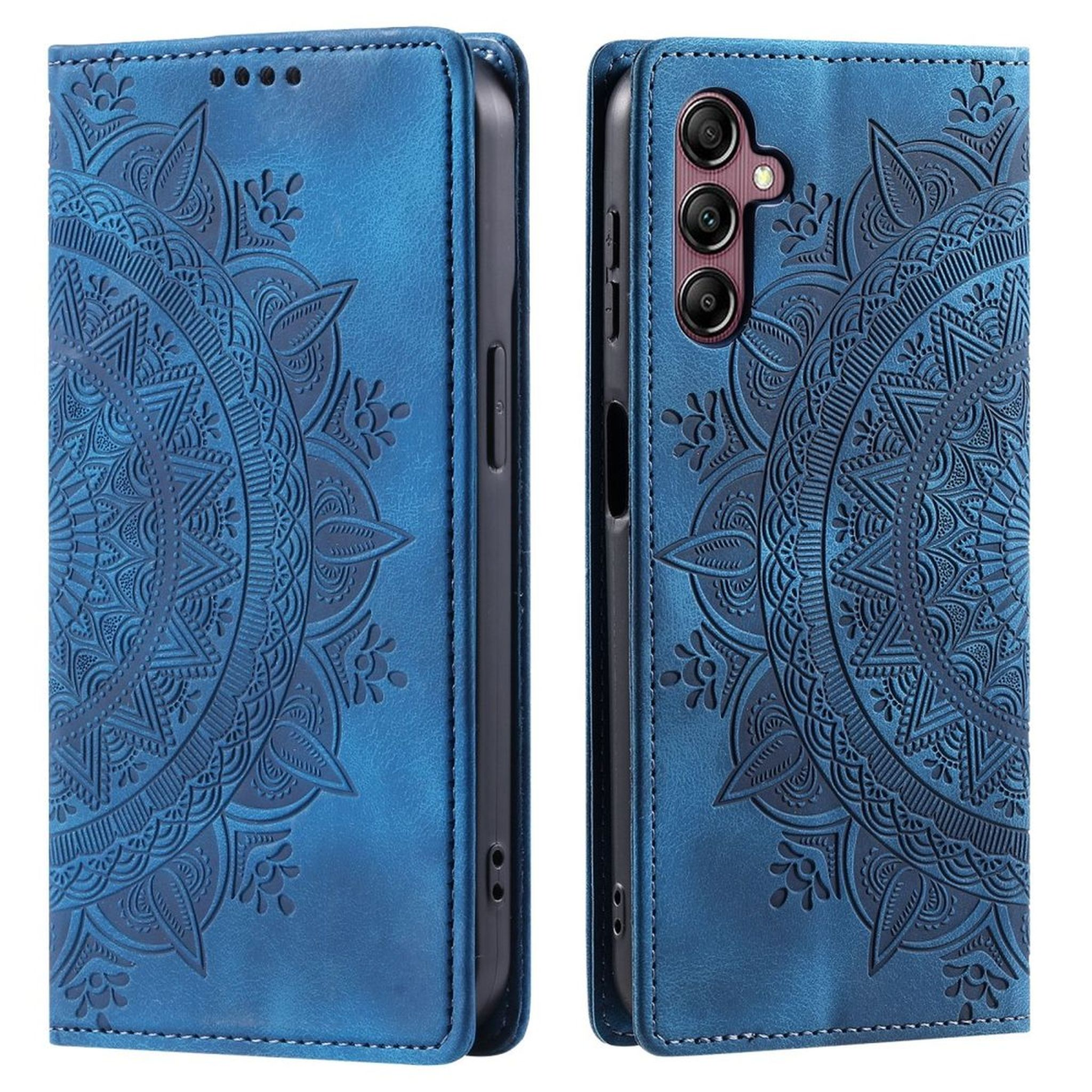 Blaue Handyhülle mit Mandala-Design, offen mit Telefon, auf weißem Hintergrund.