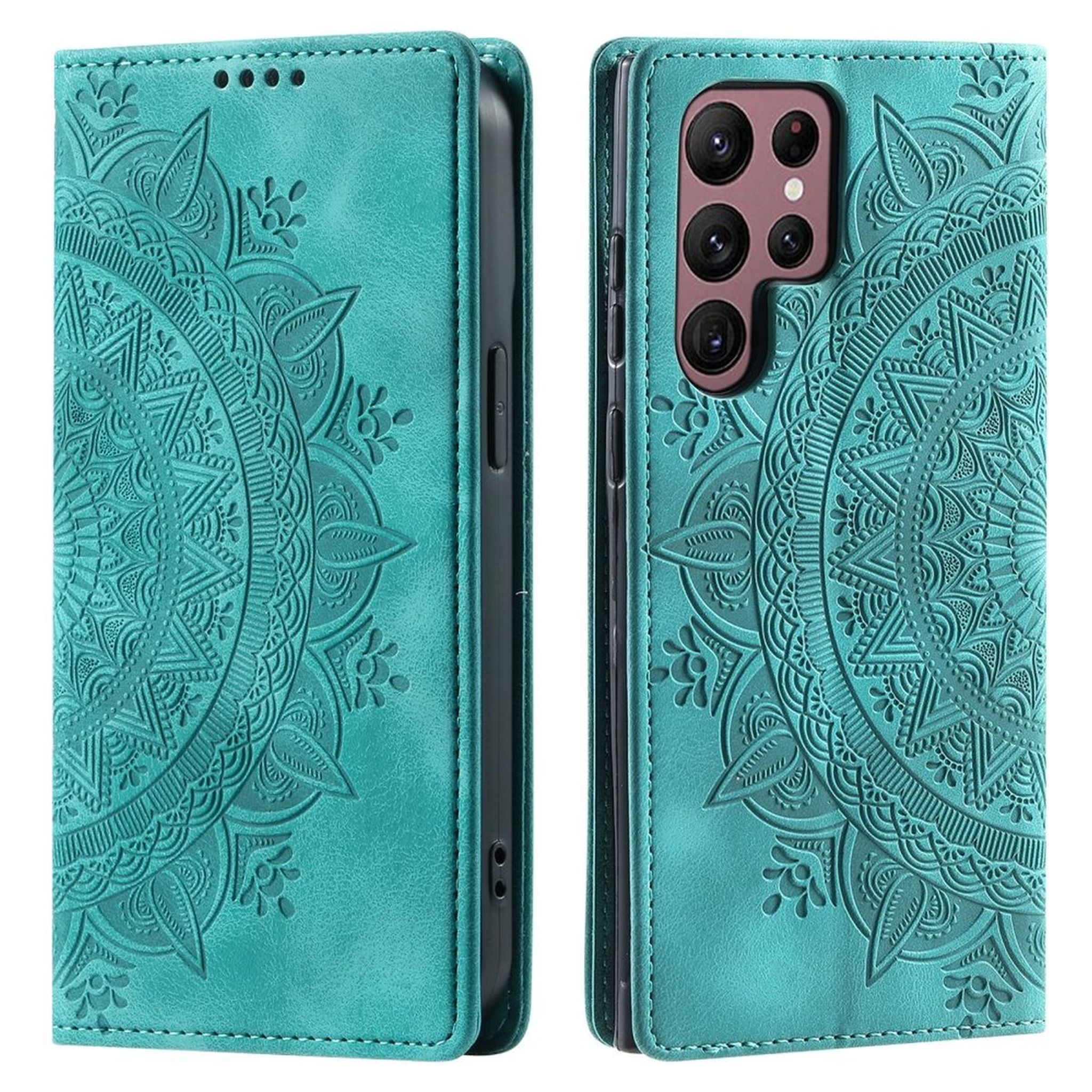 Eine türkisfarbene Handyhülle, geöffnet, das Telefon zeigend. Detailliertes Design auf der Hülle sichtbar.