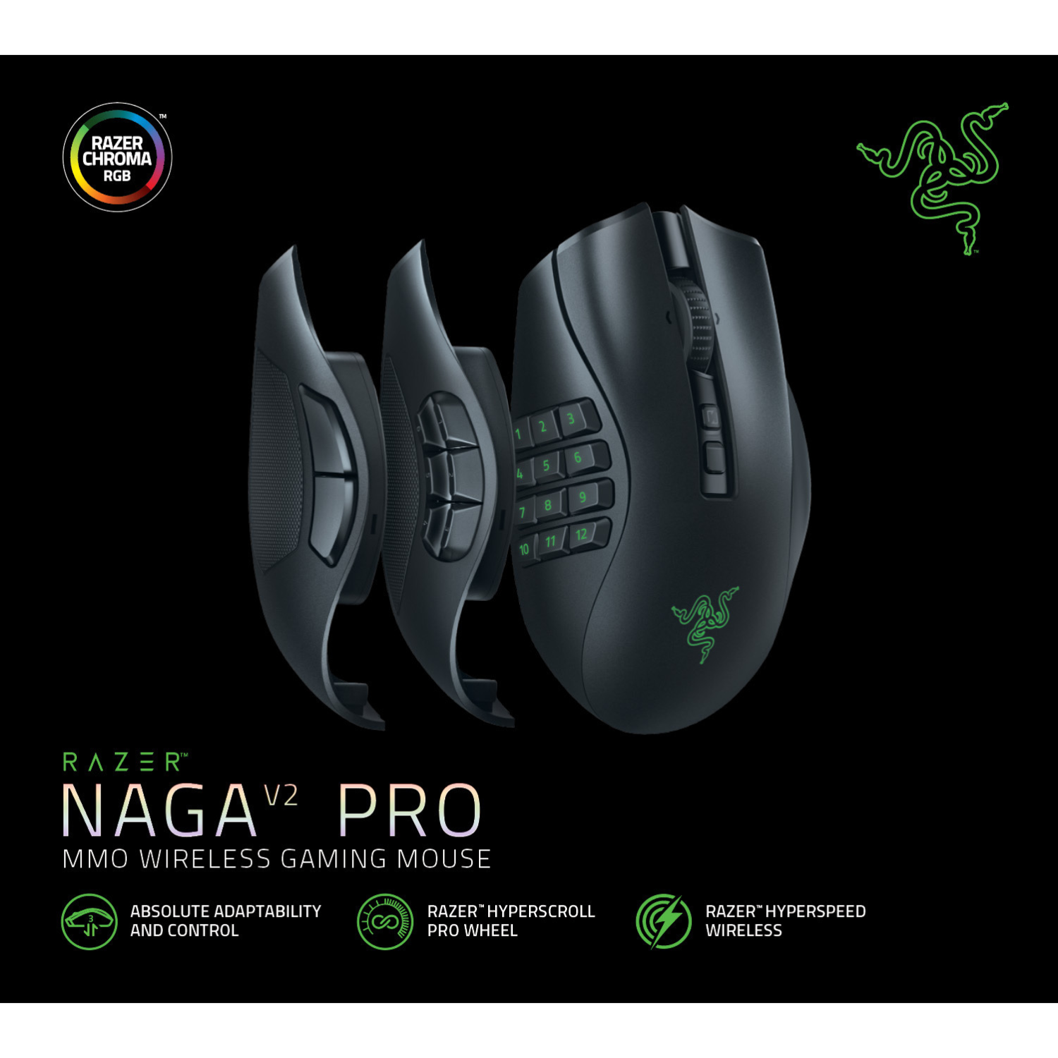 Czarna mysz gamingowa Razer Naga V2 Pro, z odłączanymi przyciskami bocznymi i informacjami.