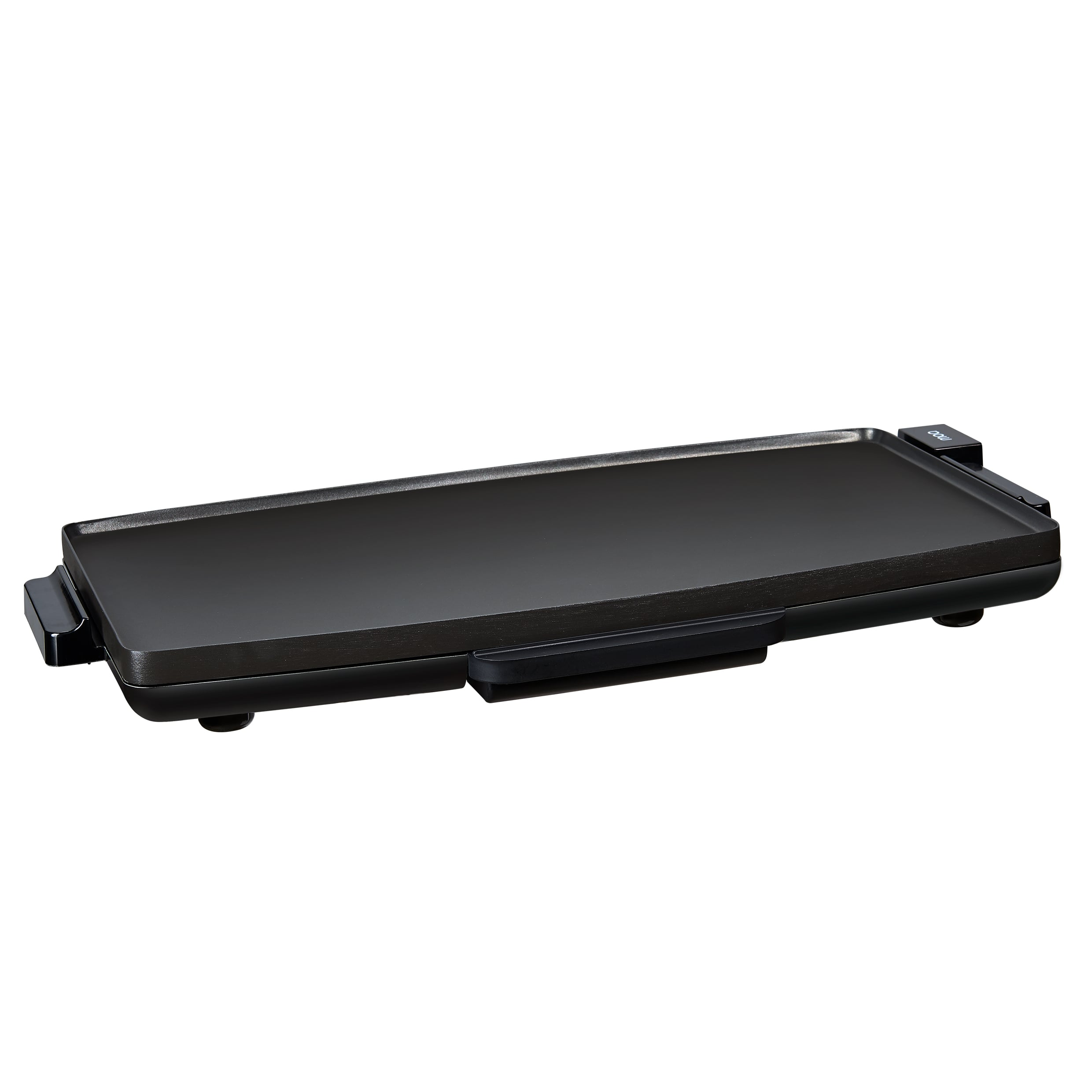 Black electric griddle on white background.