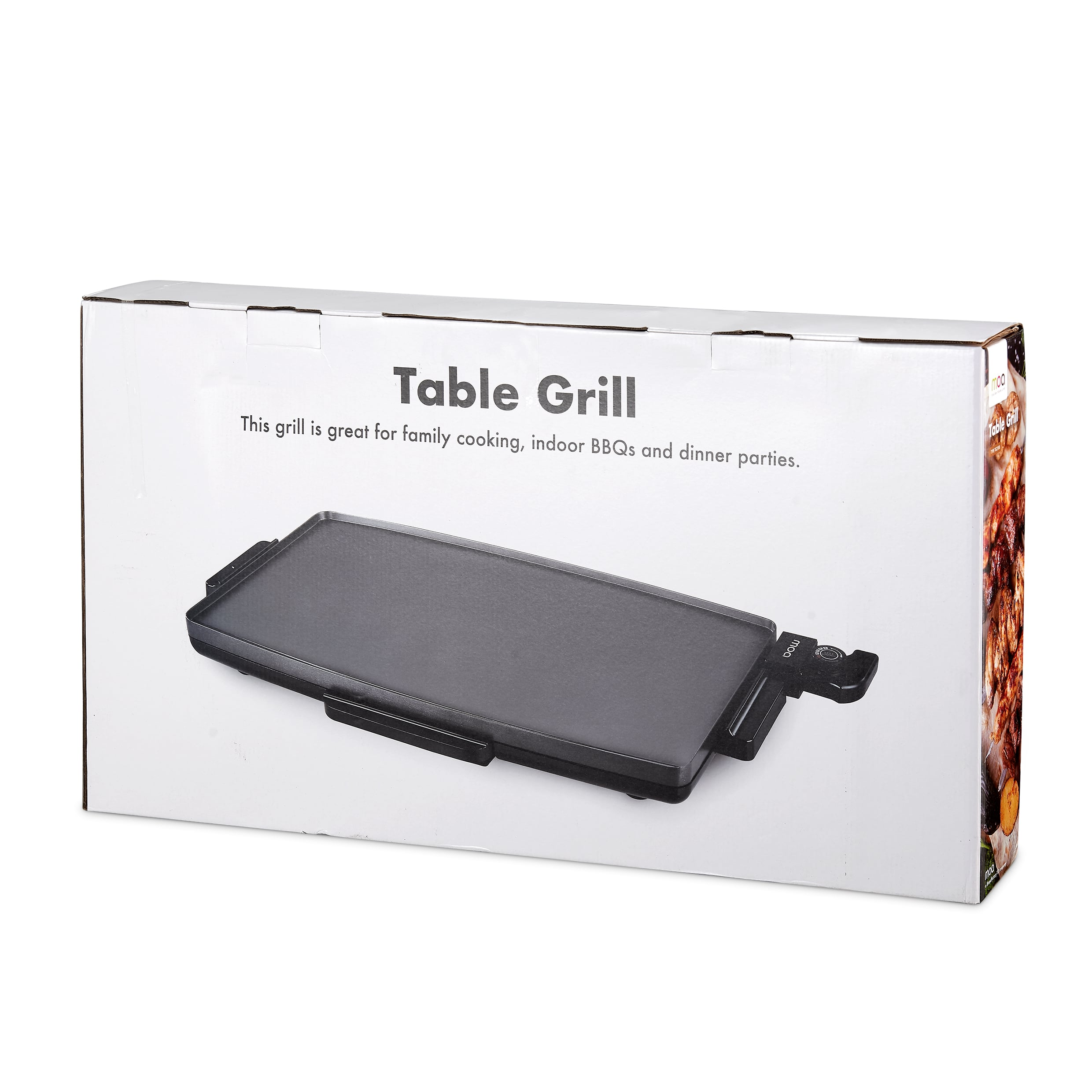 Table Grill box on white. The box shows the grill and says: This grill is great for family cooking.