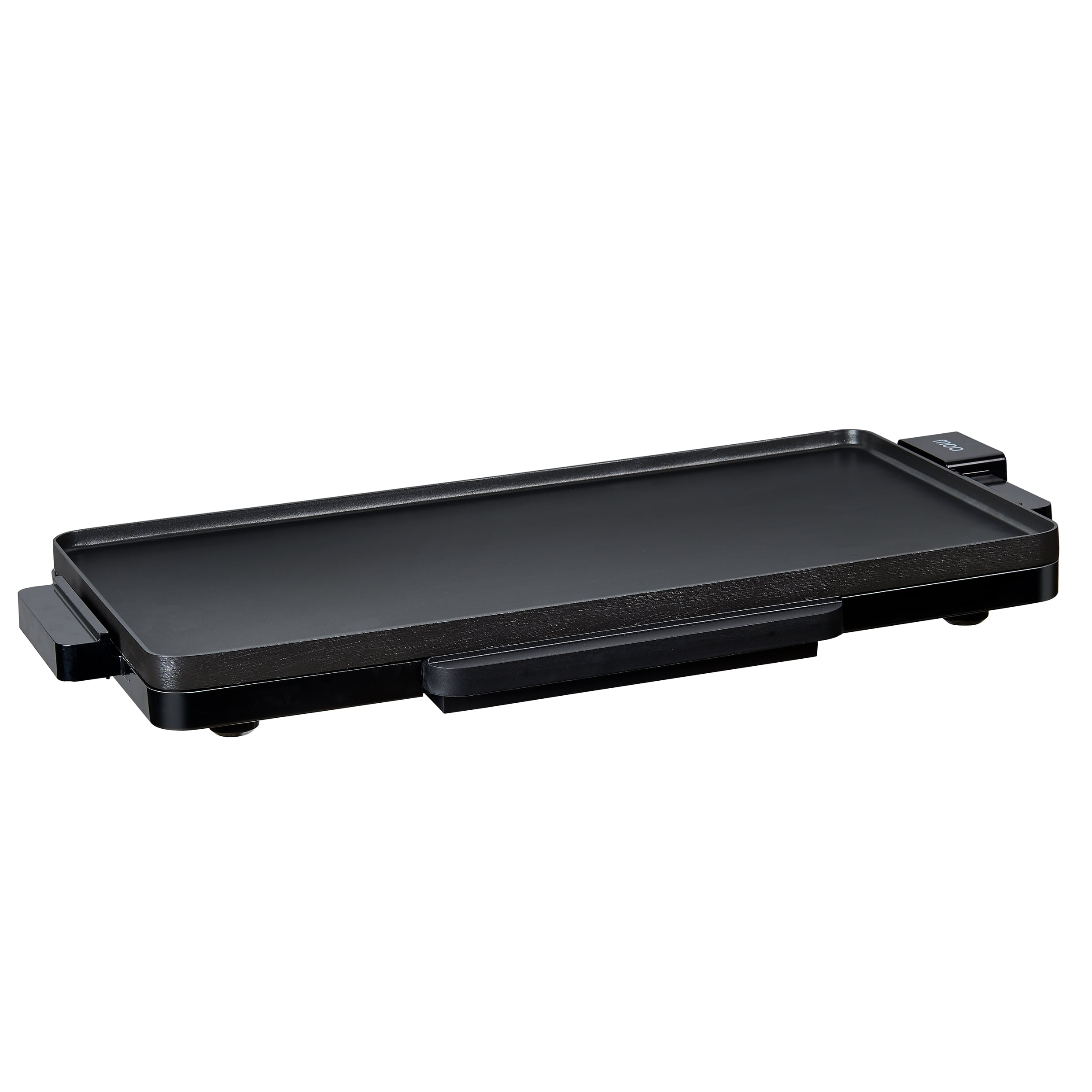 Black electric griddle with handle, on a white background.
