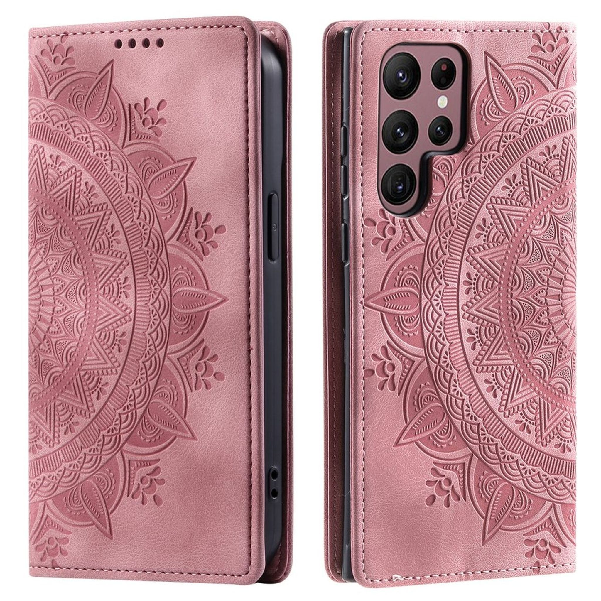 Eine rosa Handyhülle mit detailliertem Mandala-Design, offen und geschlossen.
