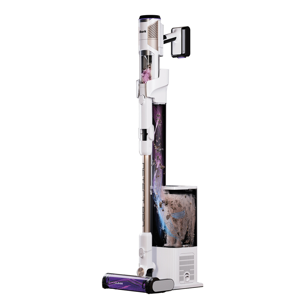 Una aspiradora vertical blanca y morada con un depósito de agua. El fondo es gris claro.