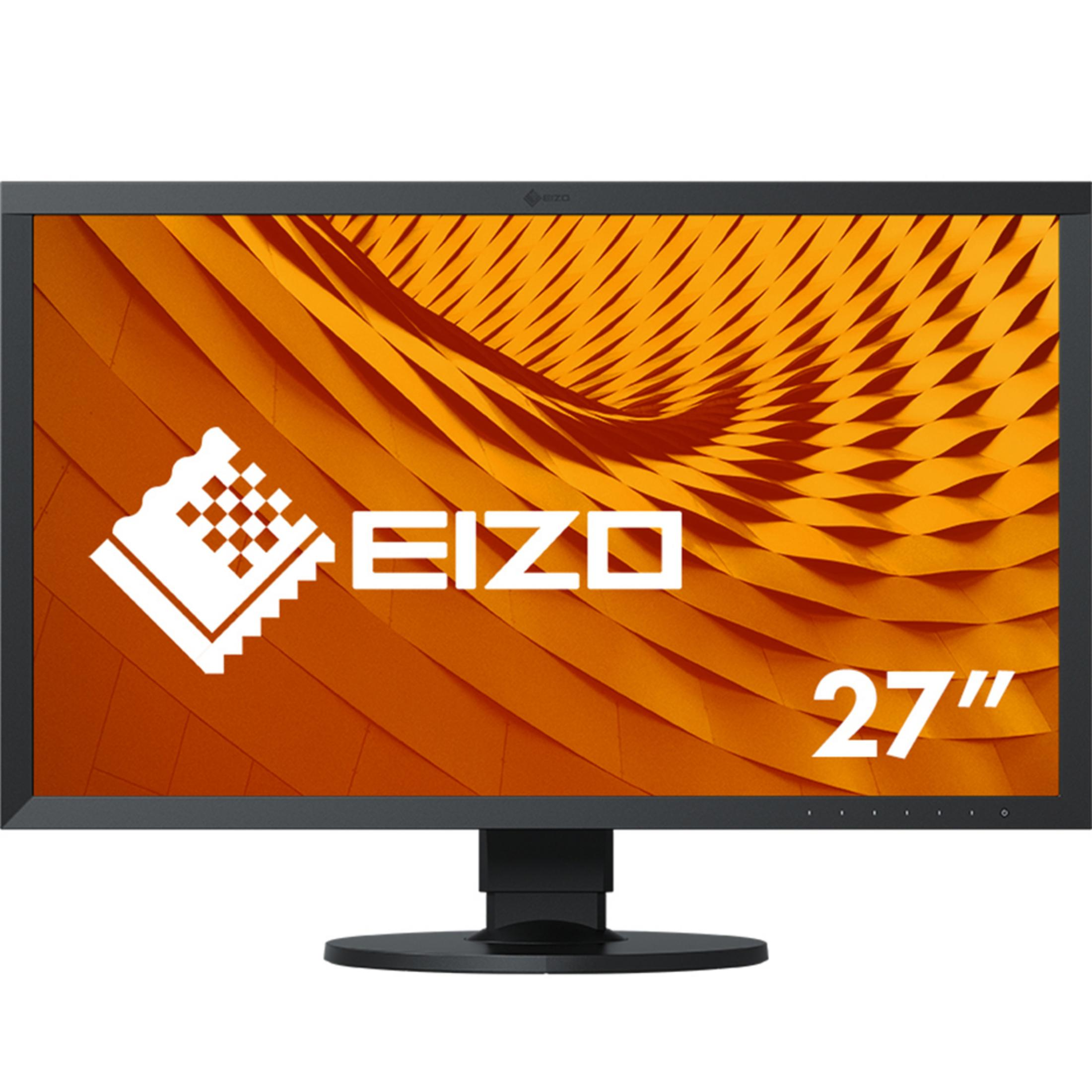Czarny 27-calowy monitor EIZO z pomarańczowym tłem, pokazujący logo EIZO.