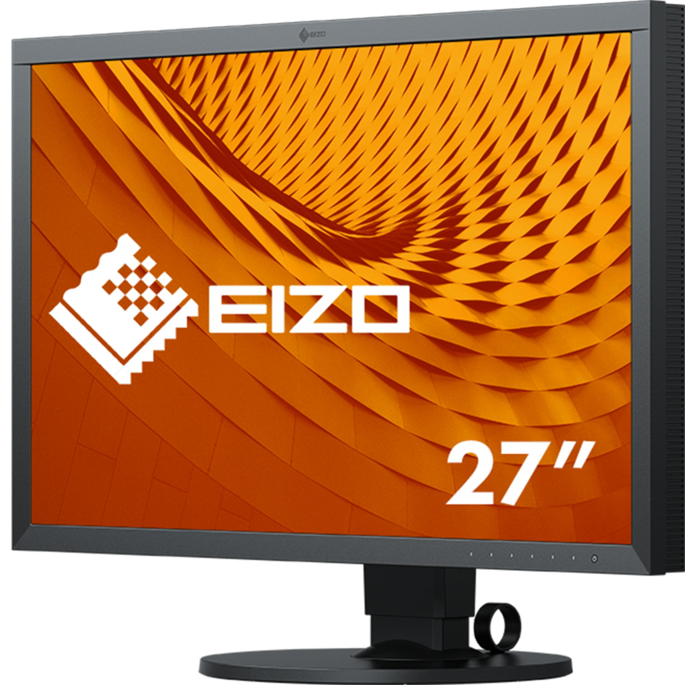 Monitor komputera z jasnopomarańczowym tłem i logo EIZO.