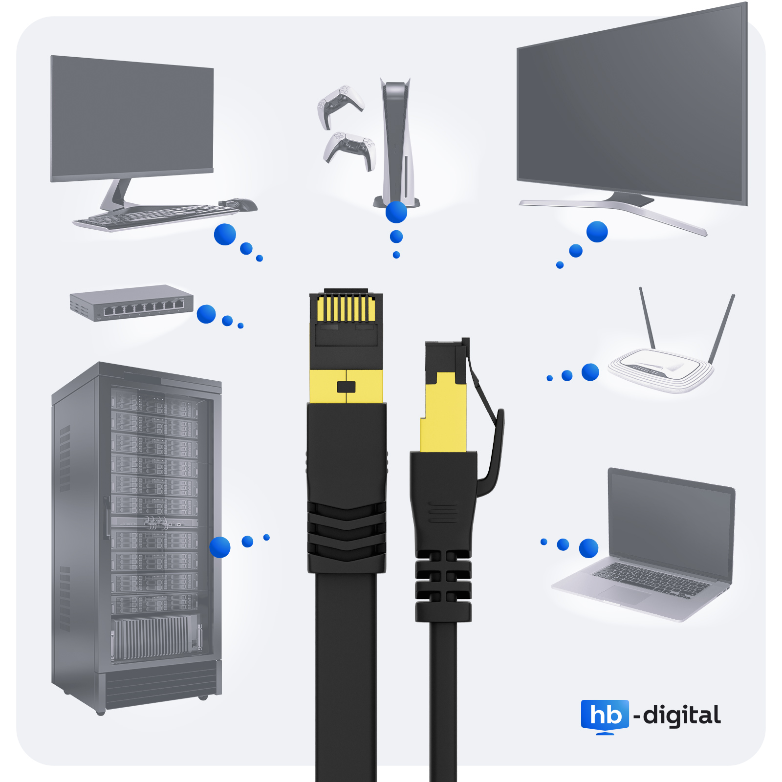 Zwei schwarze Ethernet-Kabel mit verschiedenen elektronischen Geräten, darunter ein Server und Router.