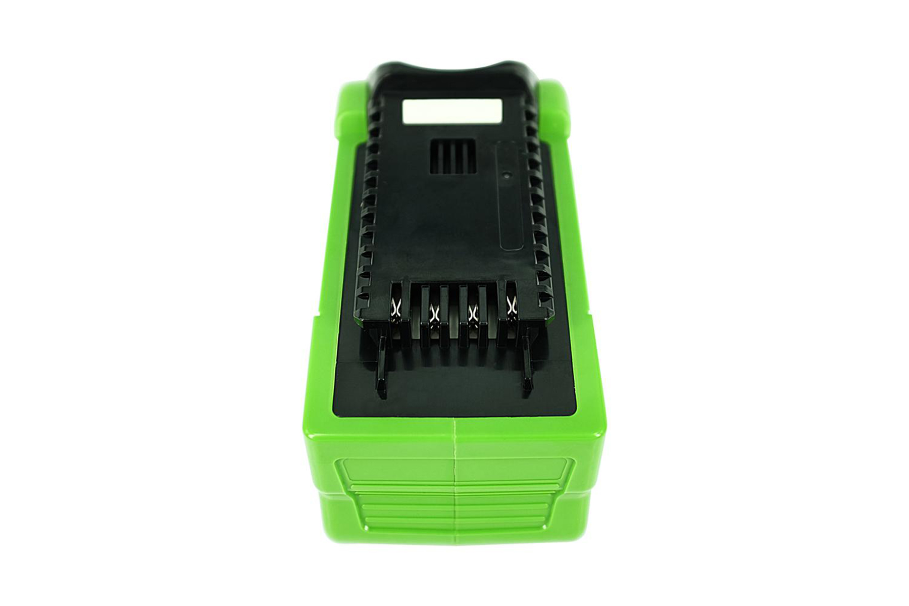 Pacco batteria verde e nero, vista dall'alto, su sfondo bianco.
