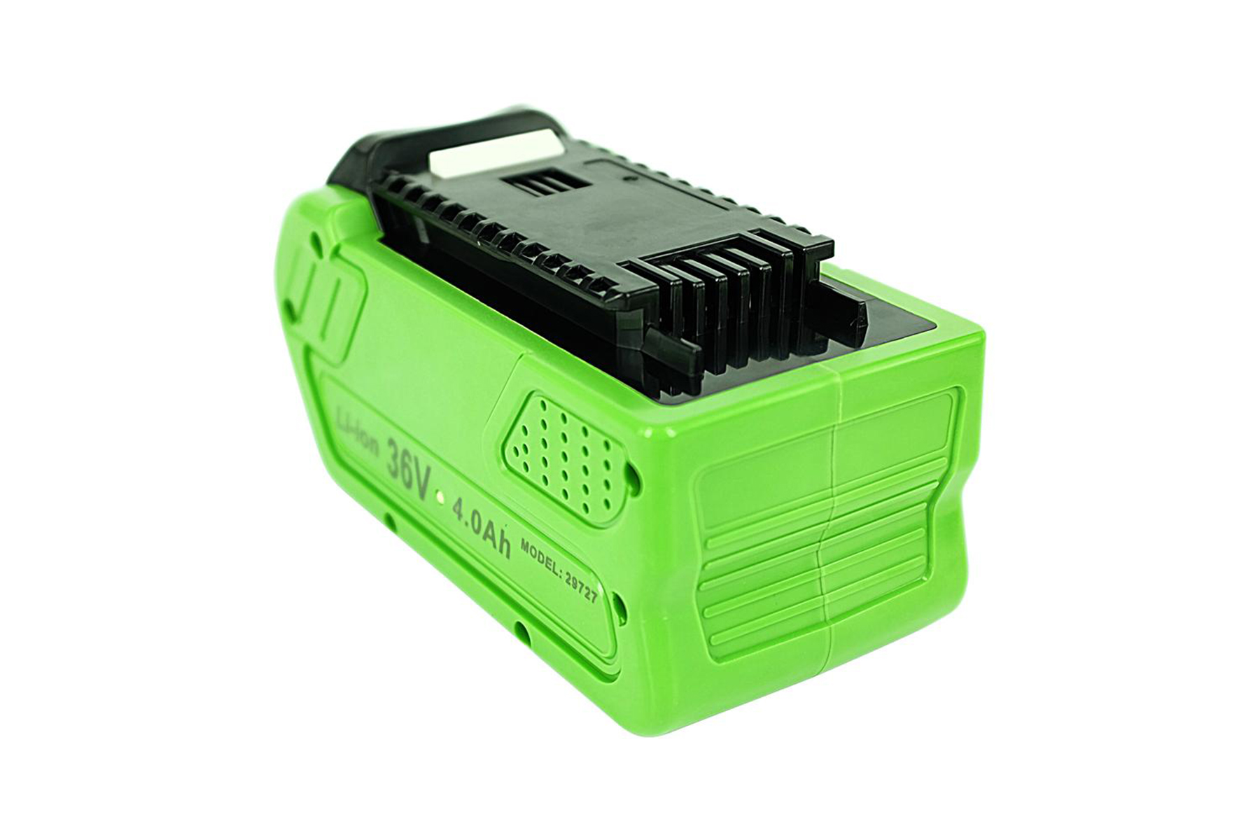 Una batteria verde. Il testo 'Li-Ion 36V 4.0Ah' è visibile.