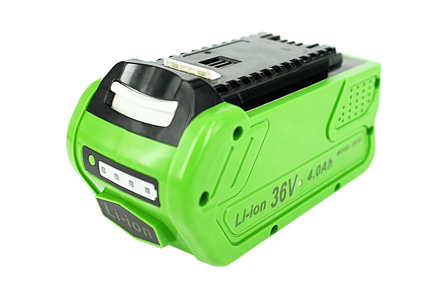 Pacco batteria agli ioni di litio verde e nero. È etichettato come 36V 4.0Ah.