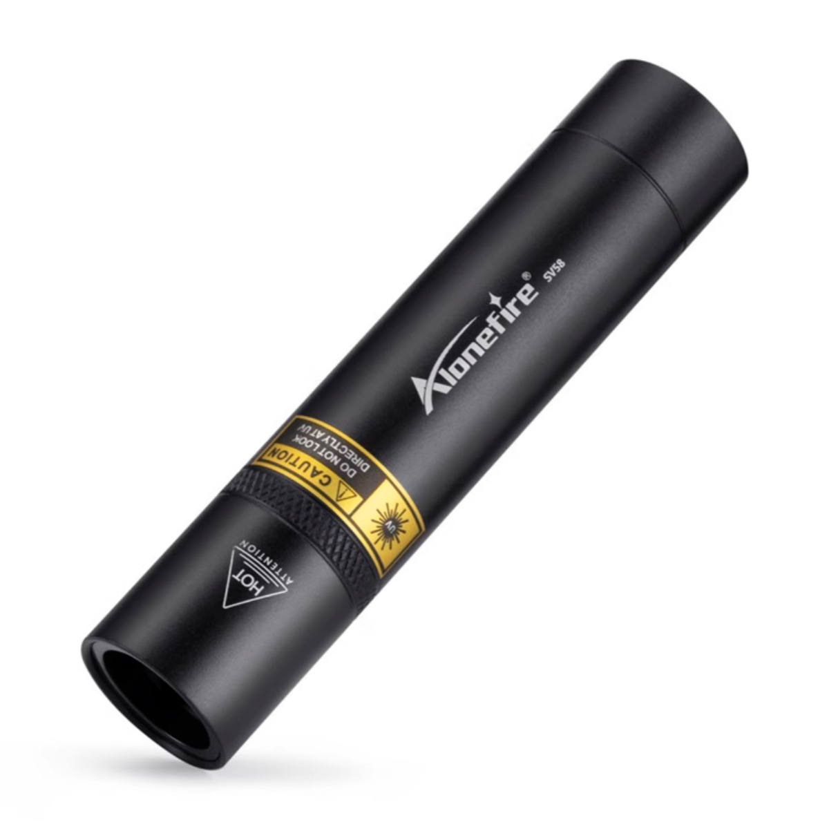 Schwarzer Laserpointer mit Warnhinweisen.