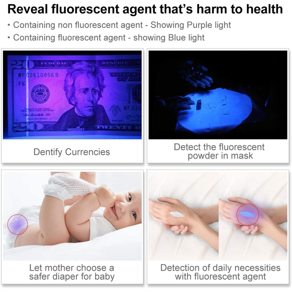 Bild zeigt Währung, Gesichtsmaske, Baby und Hand mit Creme unter UV-Licht. Nachweis von Fluoreszenzmitteln.