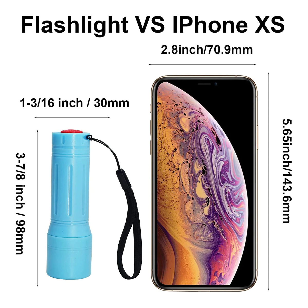 Blaue Taschenlampe neben einem iPhone XS. Taschenlampe ist 3-7/8 Zoll, iPhone ist 5,65 Zoll hoch.