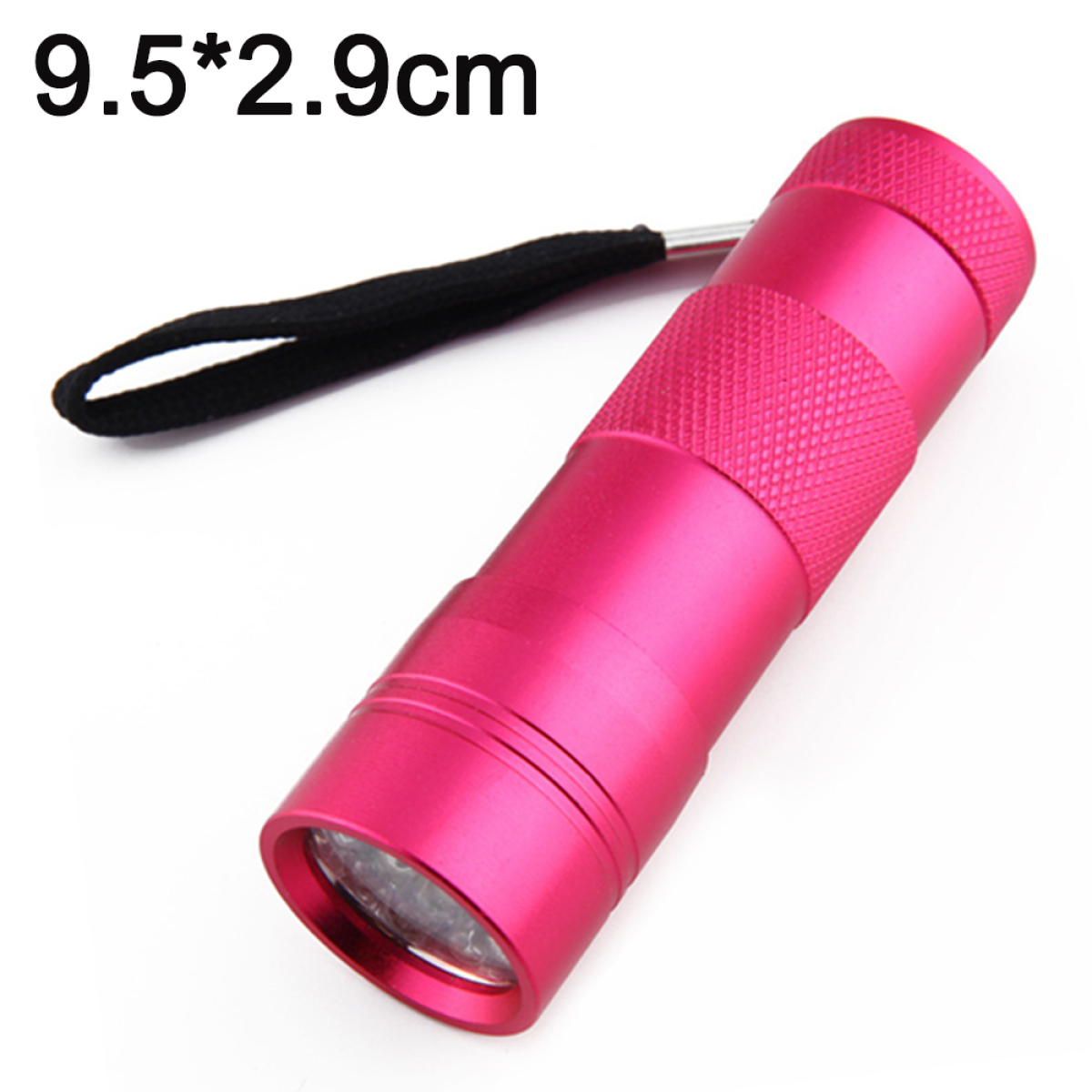 Rosafarbene Taschenlampe auf weißem Hintergrund, mit schwarzem Band. Abmessungen: 9,5*2,9cm.