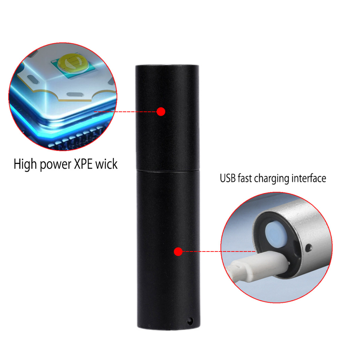 Schwarzes zylindrisches Gerät mit USB-Ladeanschluss. Das Gerät hat einen Hochleistungs-XPE-Docht.