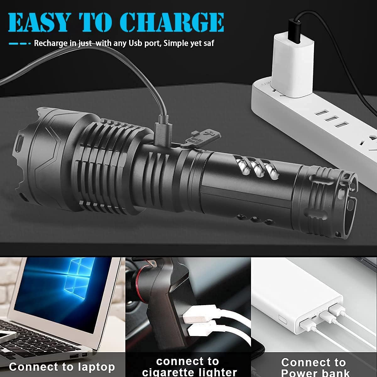 Schwarze Taschenlampe, Aufladen über USB, Zigarettenanzünder, Powerbank.