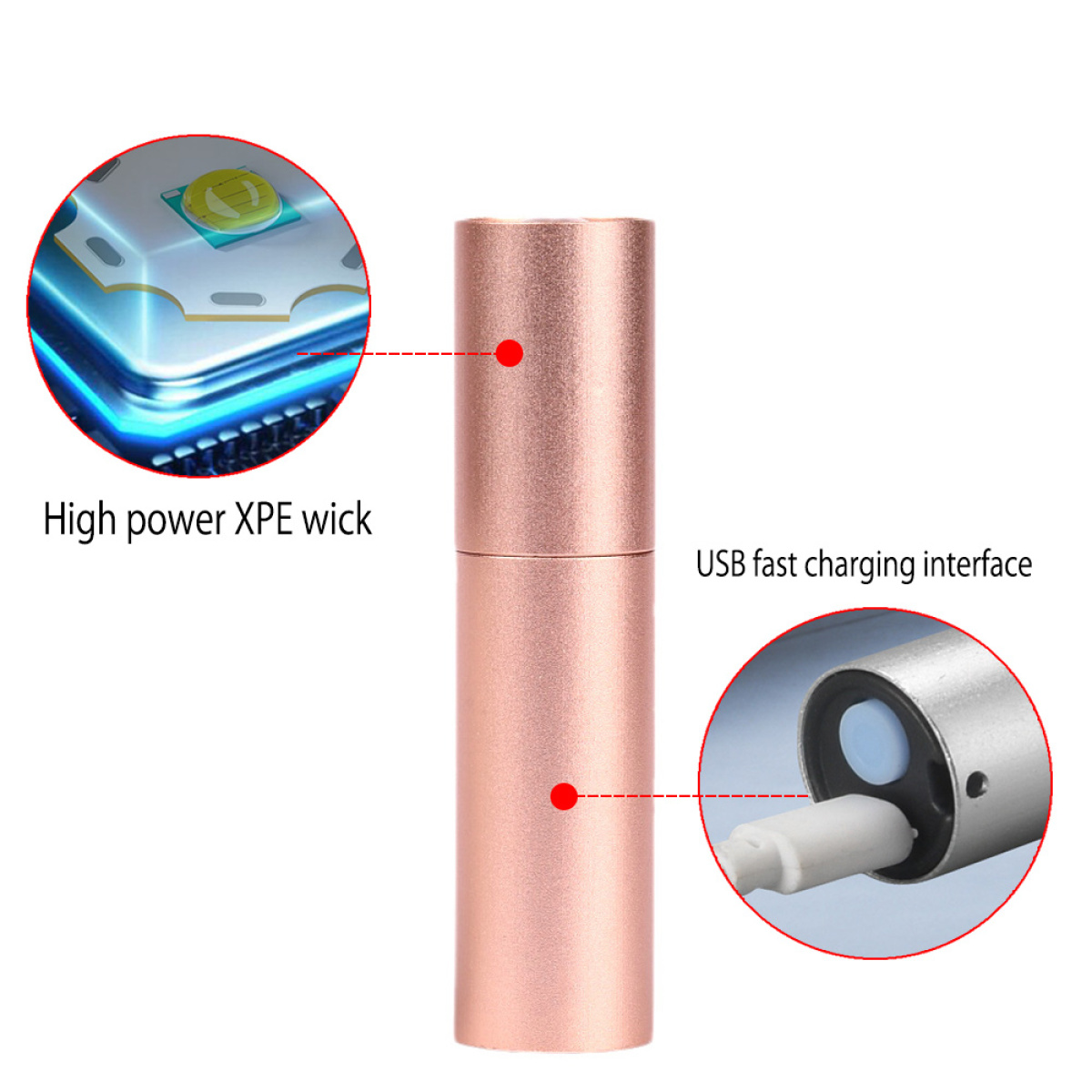 Roségoldenes Vape-Gerät. USB-Ladeschnittstelle und XPE-Docht hervorgehoben.