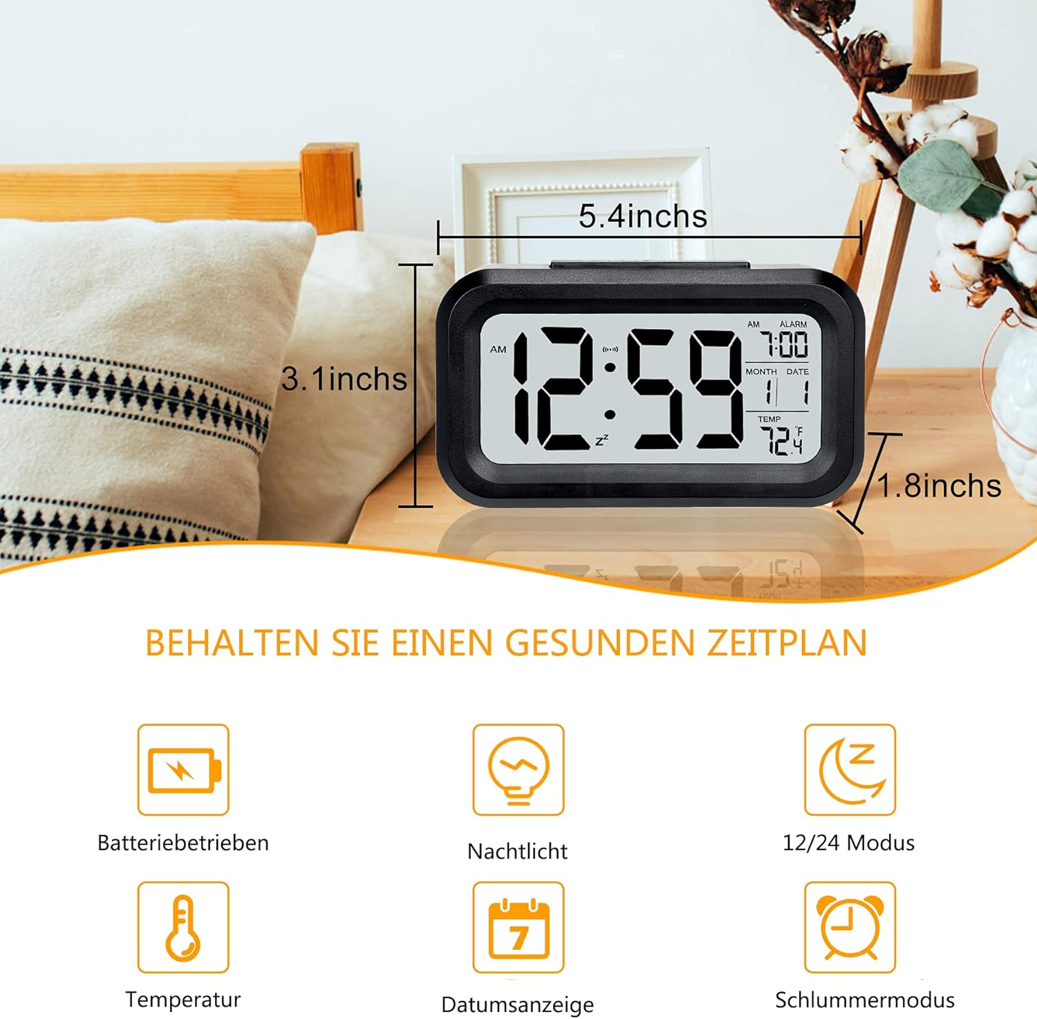 Schwarze Digitaluhr mit Abmessungen. Zeigt Zeit, Datum und Temperatur an. Symbole für Funktionen unten.