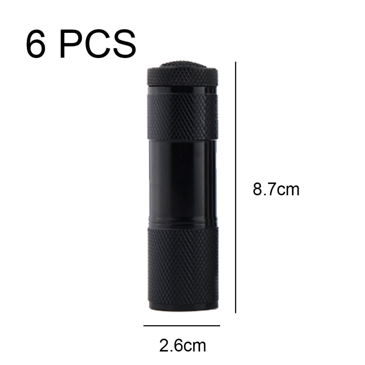 Schwarze Metall-Taschenlampe mit den Abmessungen 8,7 cm Länge und 2,6 cm Breite, darüber der Text "6 STÜCK".
