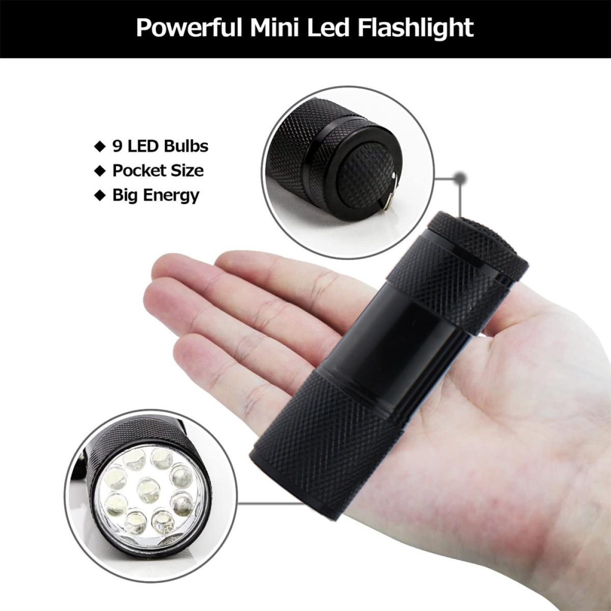 Eine schwarze Mini-Taschenlampe mit 9 LED-Lampen, die in einer Hand gehalten wird.