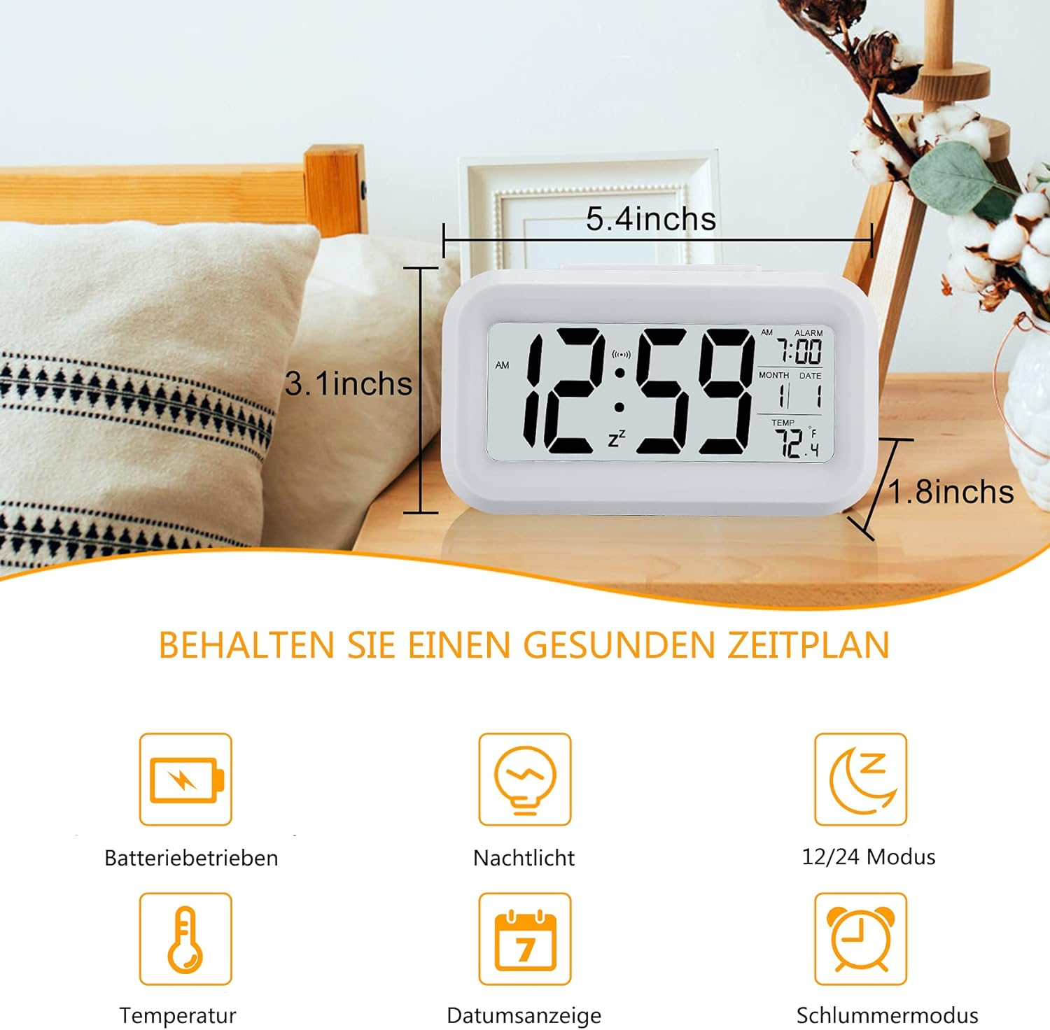Ein weißer digitaler Wecker mit Anzeige von Zeit und Temperatur, mit zugehörigen Symbolen.
