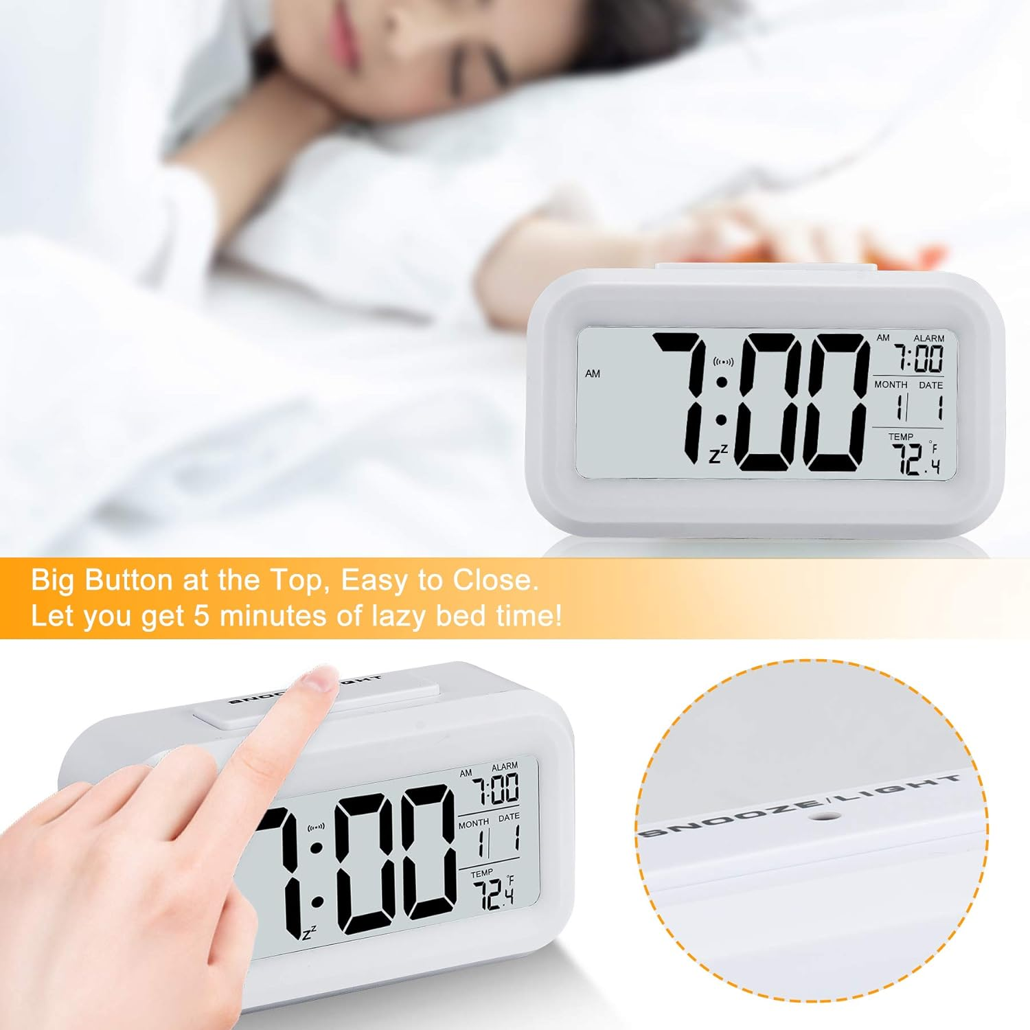 Ein weißer digitaler Wecker mit großem Display. Eine Person im Bett schläft im Hintergrund.