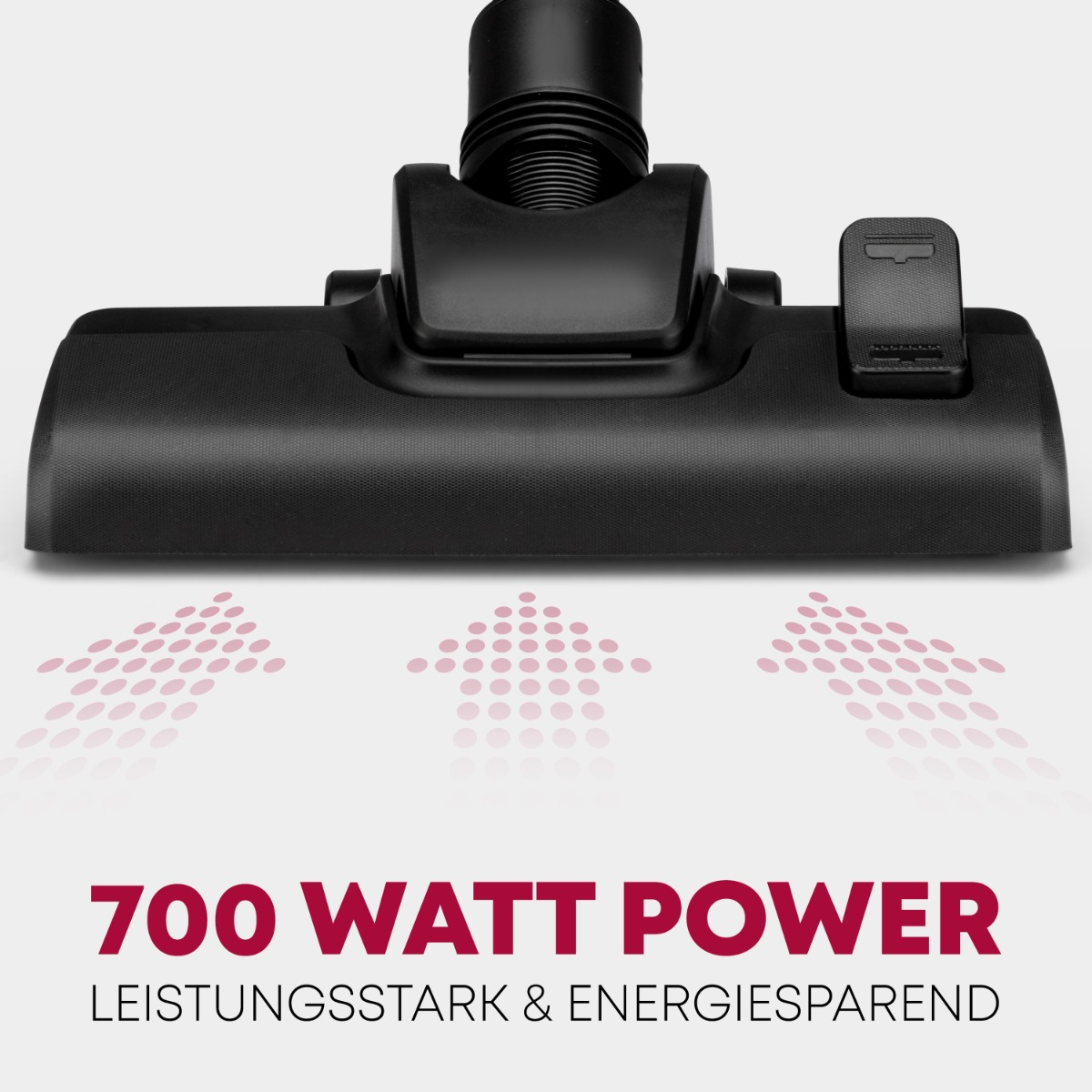 Czarna głowica odkurzacza ze strzałkami. Tekst brzmi: 700 WATT POWER.